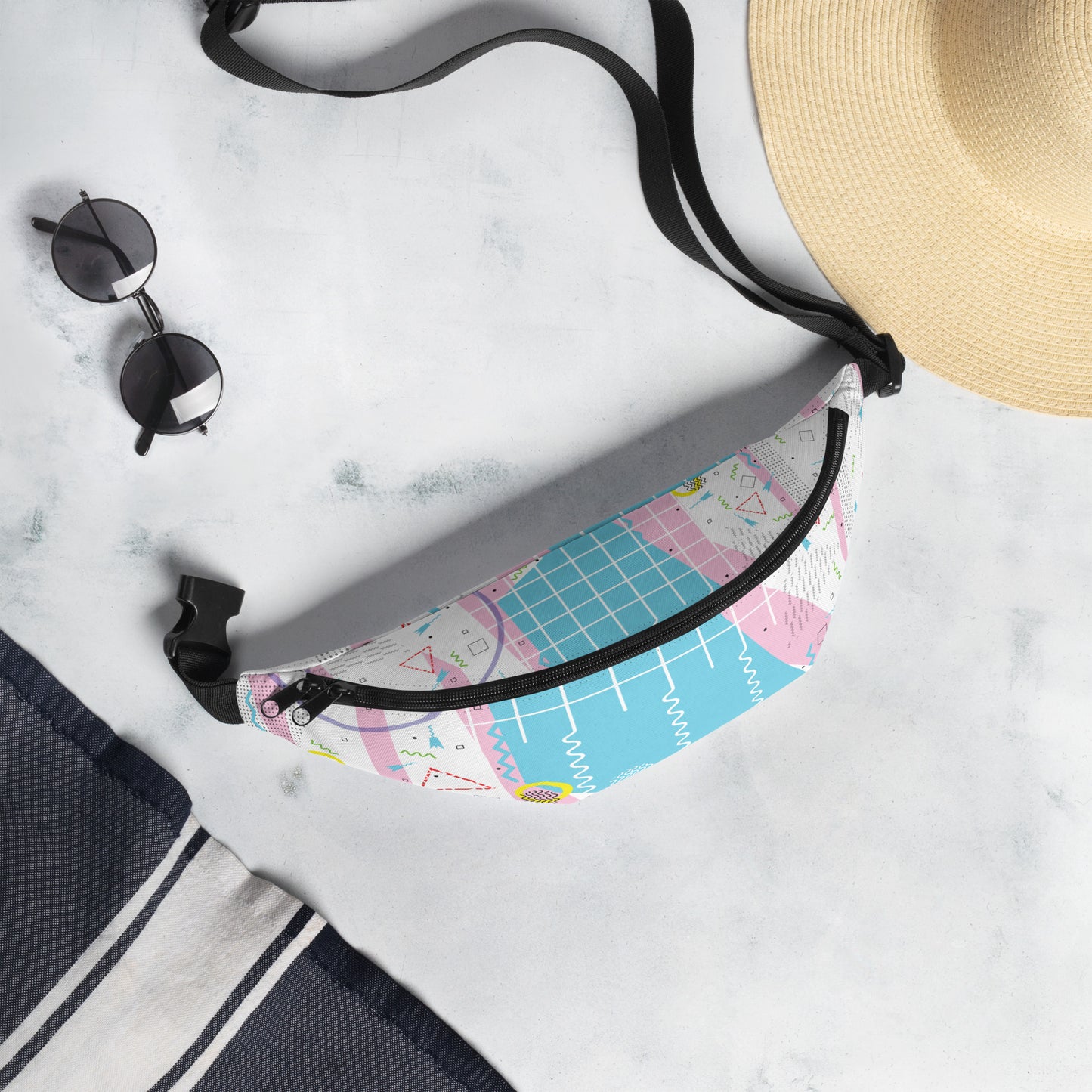Fanny Pack - 1980 Retro Abstract Graphic Art - Gridded Pink Blue -