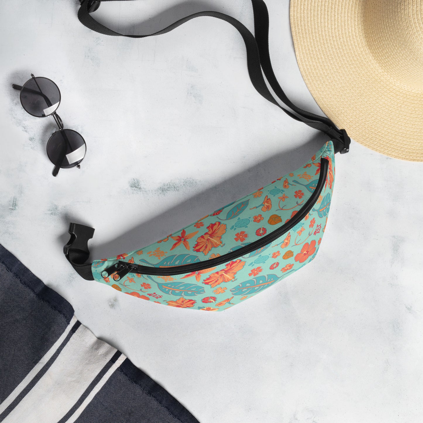 Fanny Pack * 1980 Retro Abstract Graphic Art - Tropical Floral Print - Flowers and Turtles -