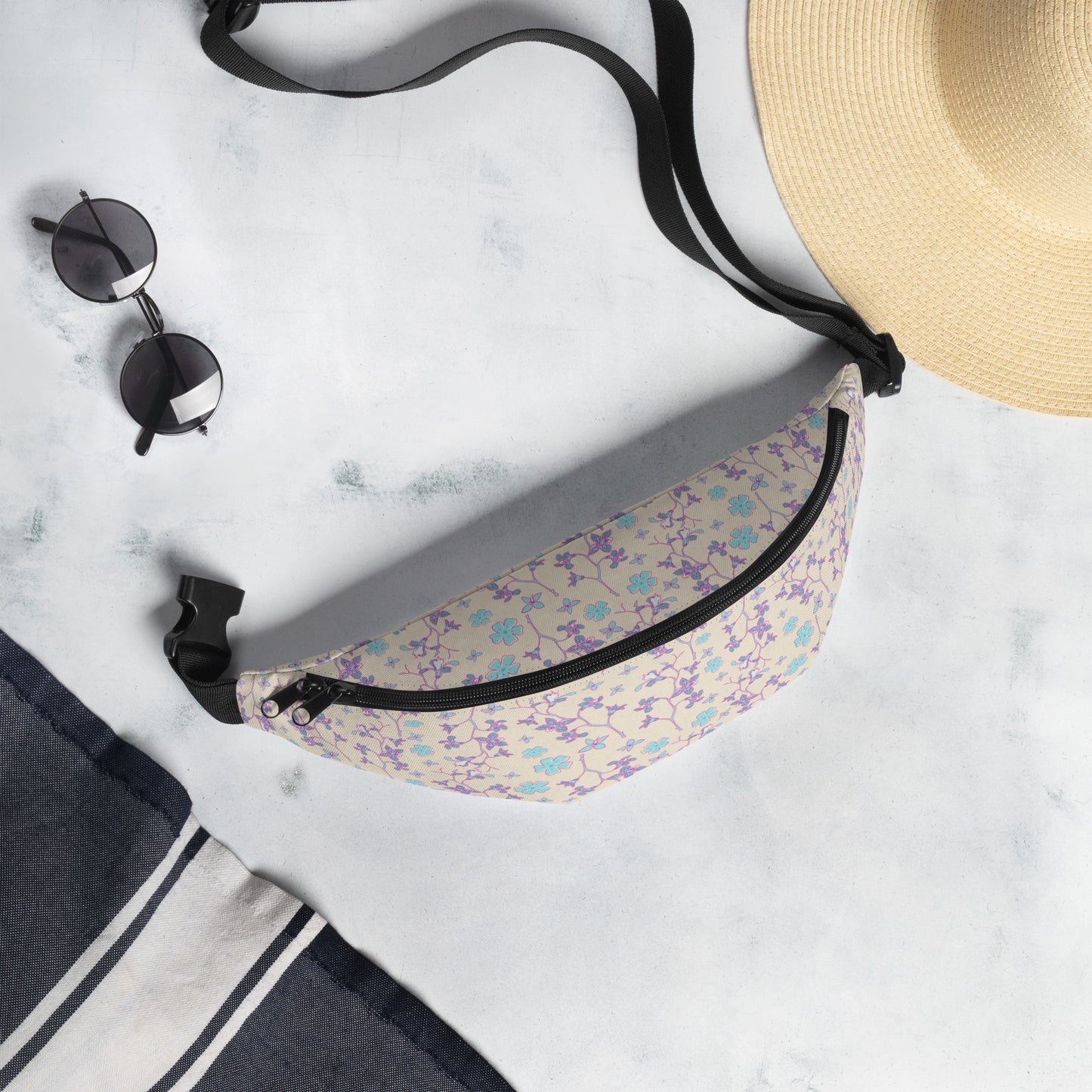 Fanny Pack - Tropical Floral Print - Pink and Teal Flowers and Branches -