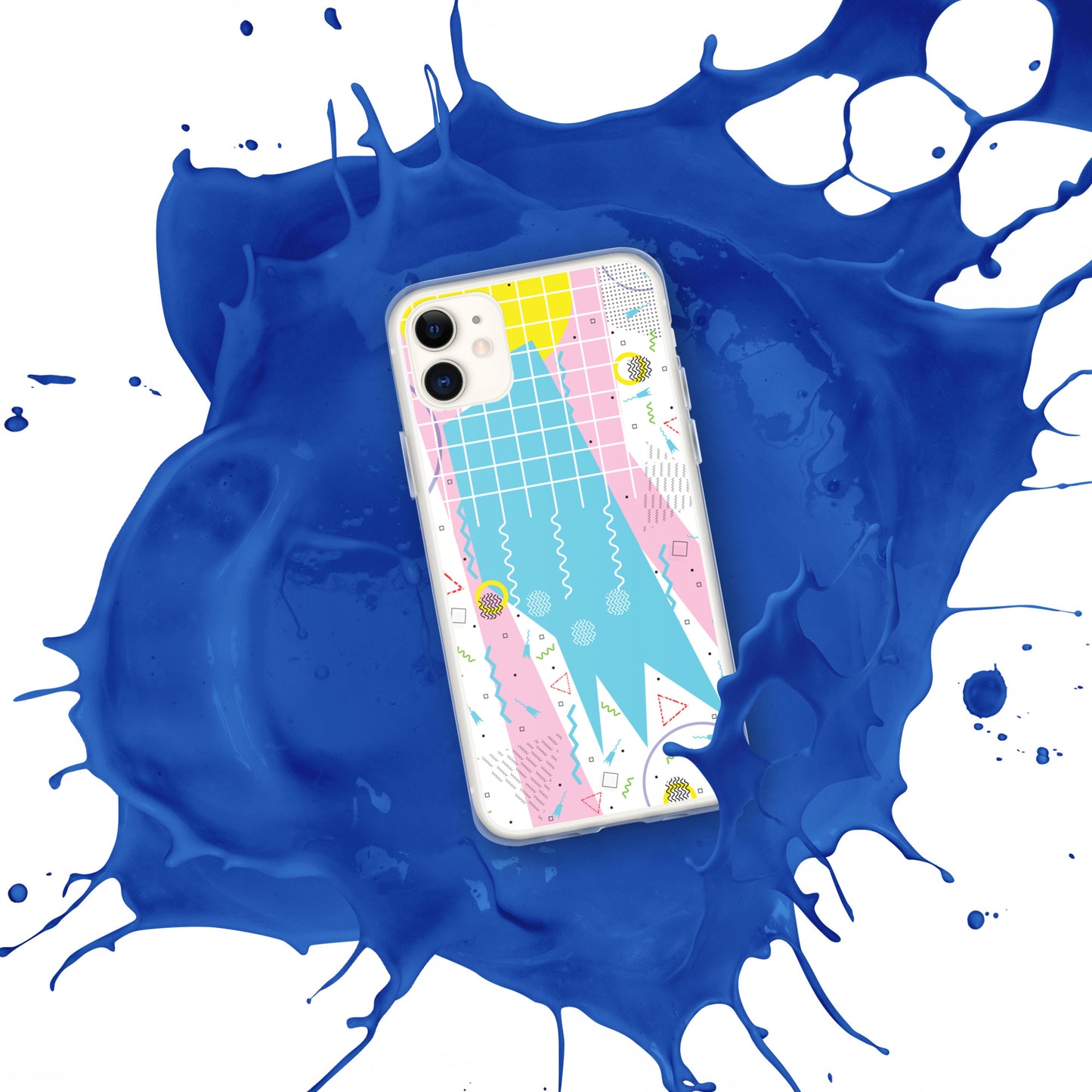 Clear Case for iPhone® - 1980 Retro Abstract Graphic Art - Gridded Pink Blue -