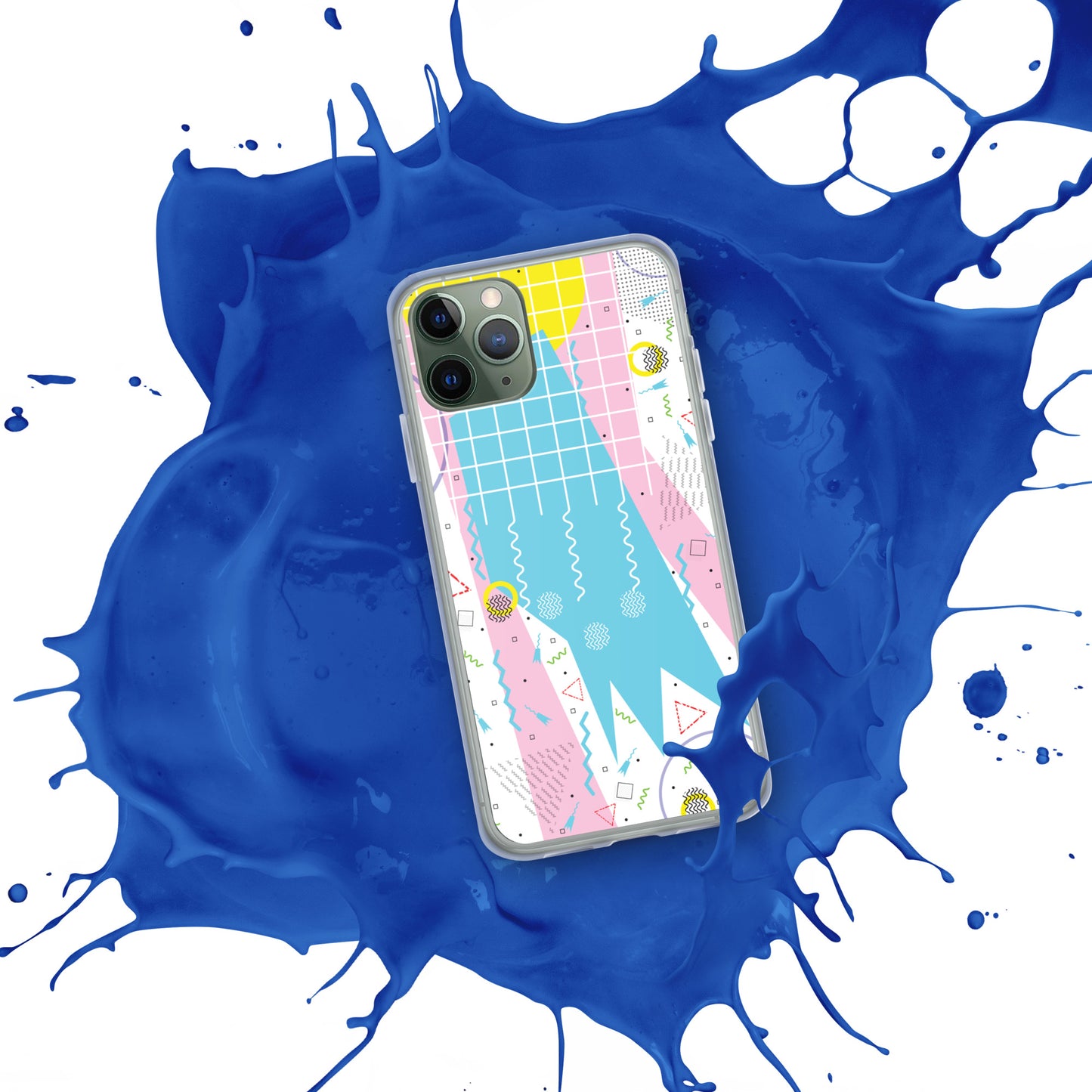 Clear Case for iPhone® - 1980 Retro Abstract Graphic Art - Gridded Pink Blue -
