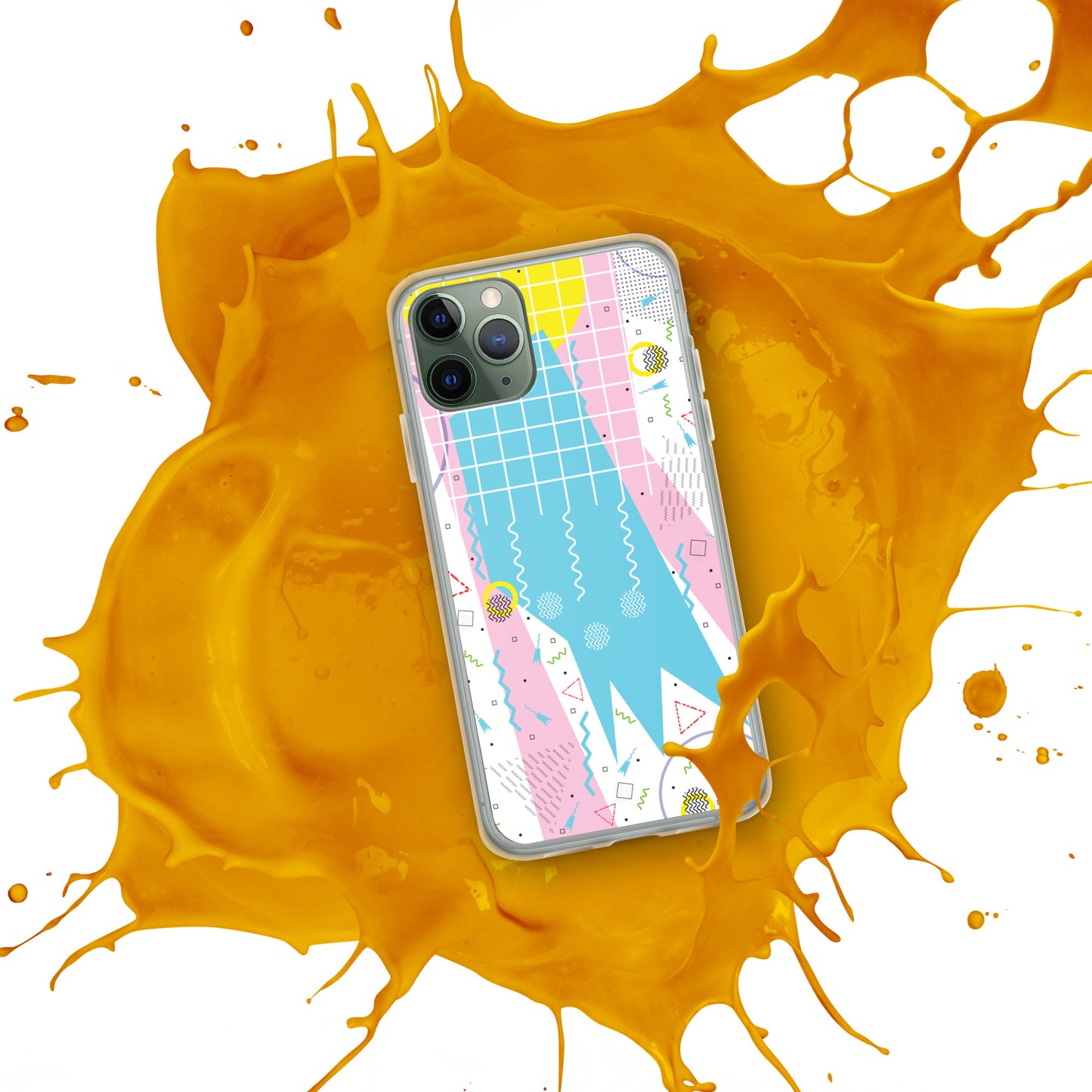 Clear Case for iPhone® - 1980 Retro Abstract Graphic Art - Gridded Pink Blue -