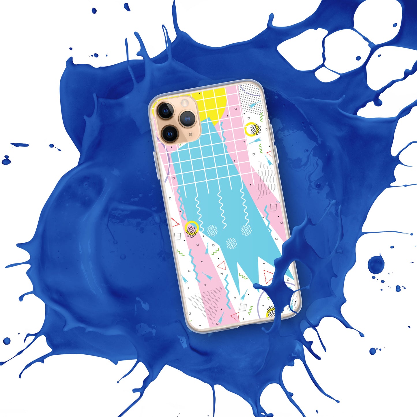 Clear Case for iPhone® - 1980 Retro Abstract Graphic Art - Gridded Pink Blue -