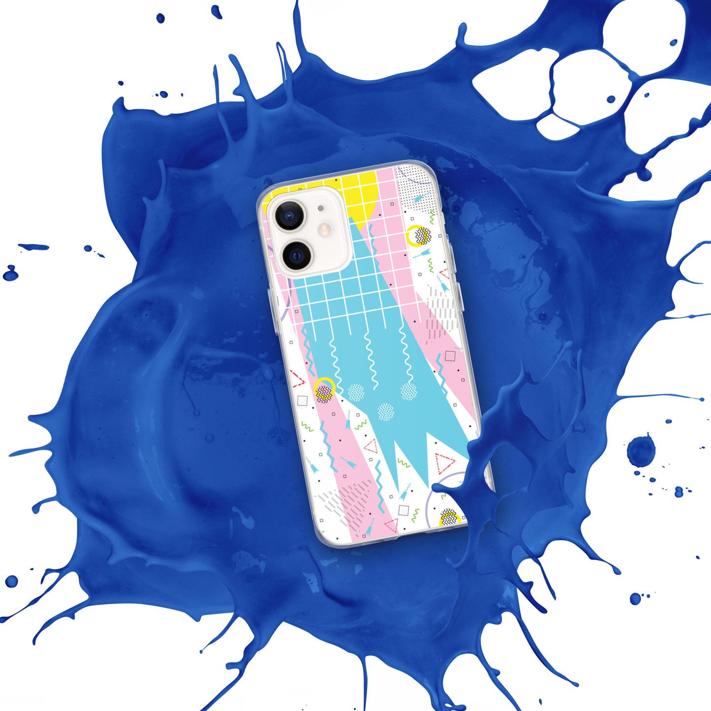 Clear Case for iPhone® - 1980 Retro Abstract Graphic Art - Gridded Pink Blue -