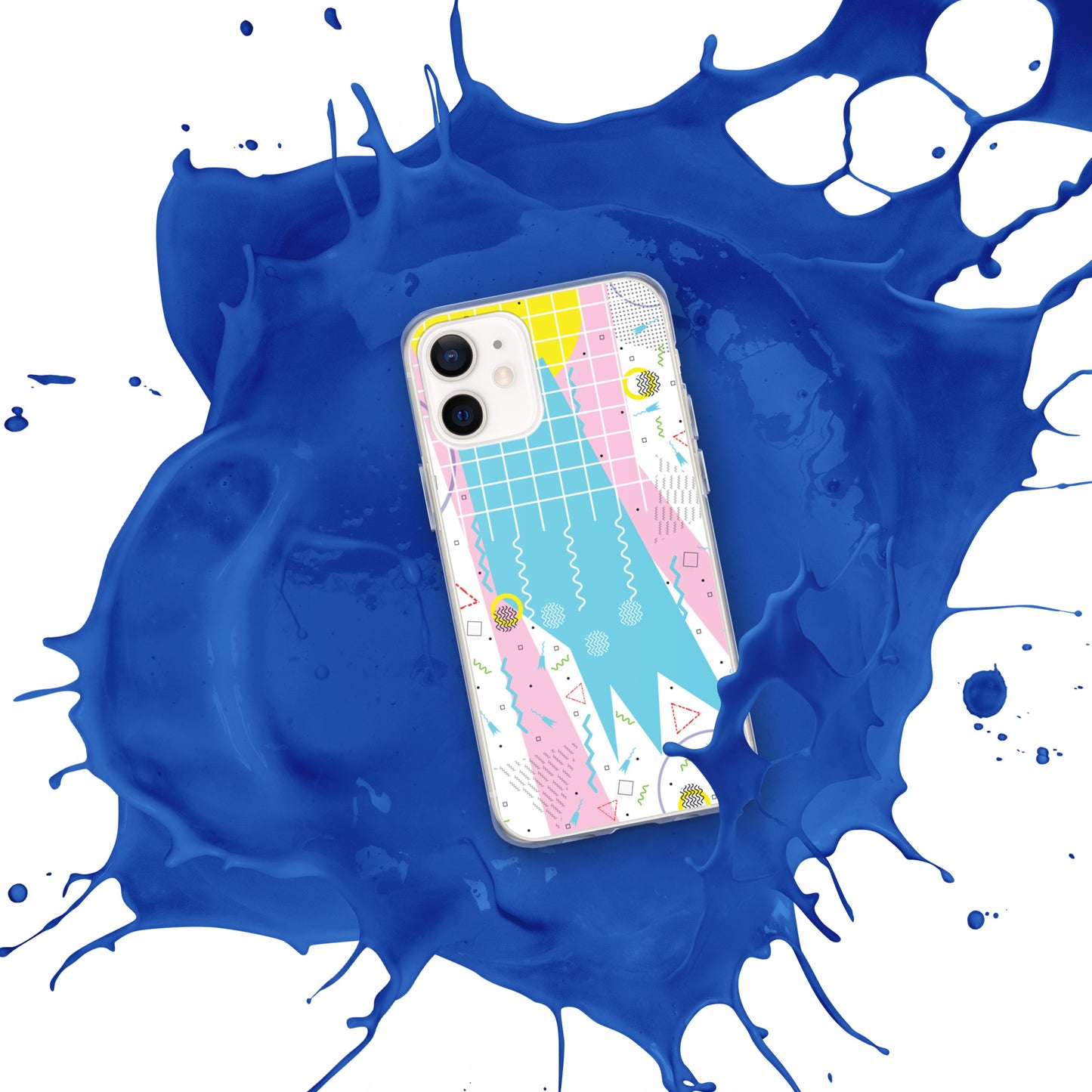 Clear Case for iPhone® - 1980 Retro Abstract Graphic Art - Gridded Pink Blue -