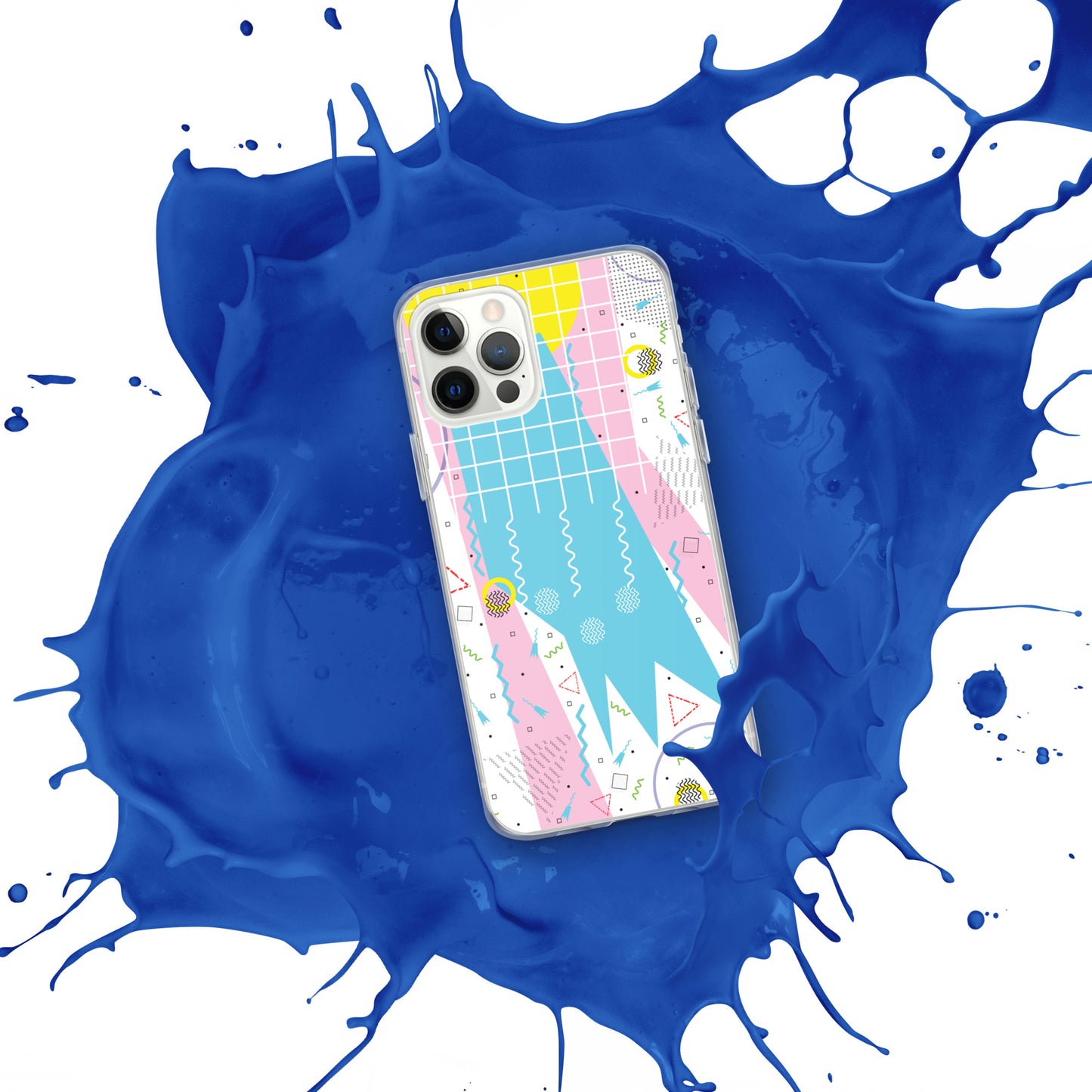 Clear Case for iPhone® - 1980 Retro Abstract Graphic Art - Gridded Pink Blue -