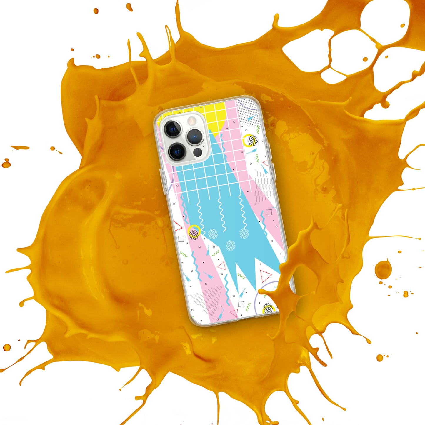 Clear Case for iPhone® - 1980 Retro Abstract Graphic Art - Gridded Pink Blue -
