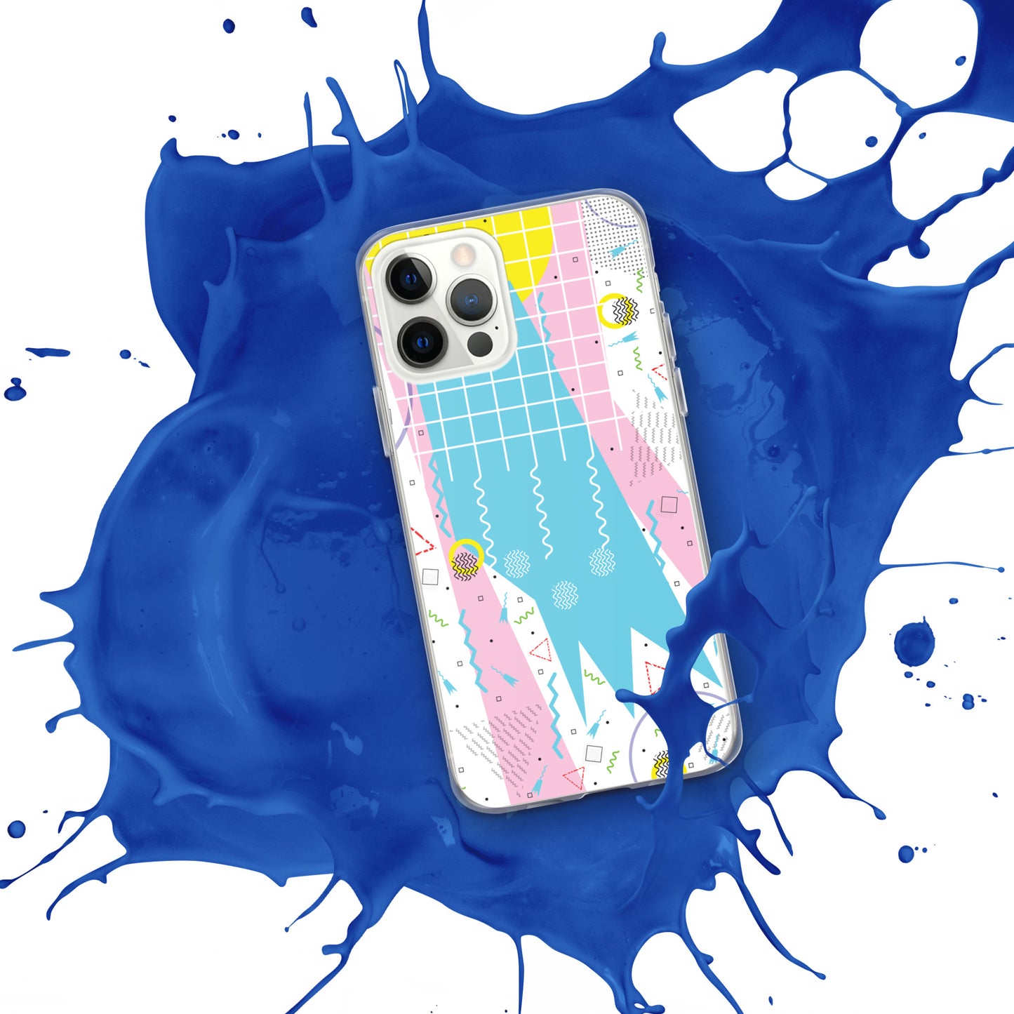 Clear Case for iPhone® - 1980 Retro Abstract Graphic Art - Gridded Pink Blue -