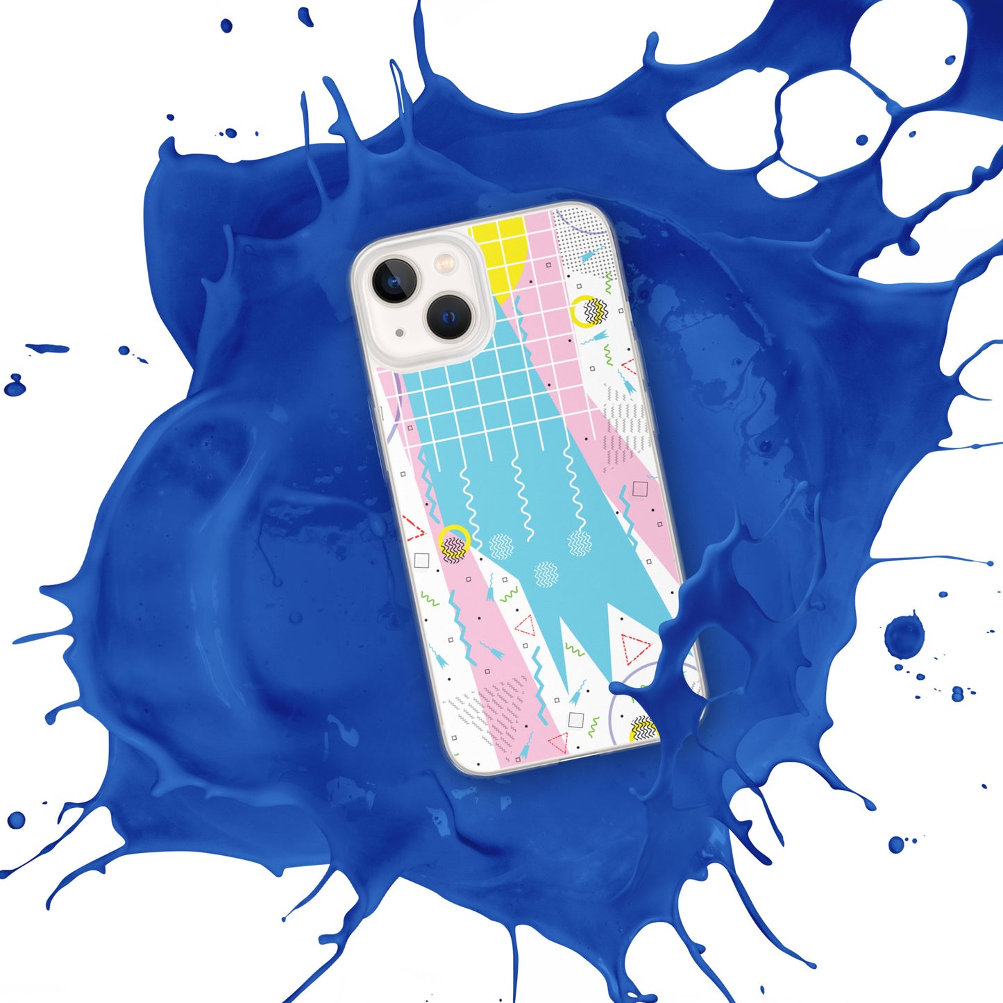 Clear Case for iPhone® - 1980 Retro Abstract Graphic Art - Gridded Pink Blue -