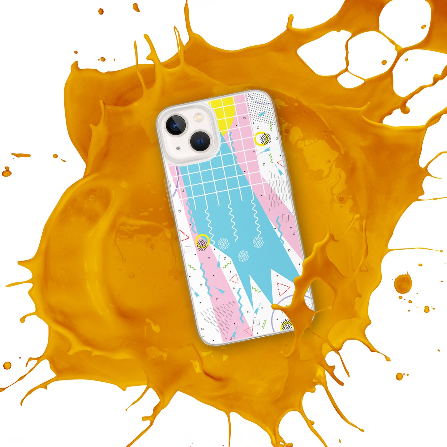 Clear Case for iPhone® - 1980 Retro Abstract Graphic Art - Gridded Pink Blue -