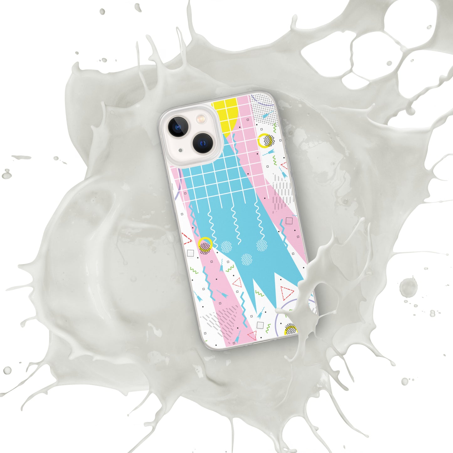 Clear Case for iPhone® - 1980 Retro Abstract Graphic Art - Gridded Pink Blue -