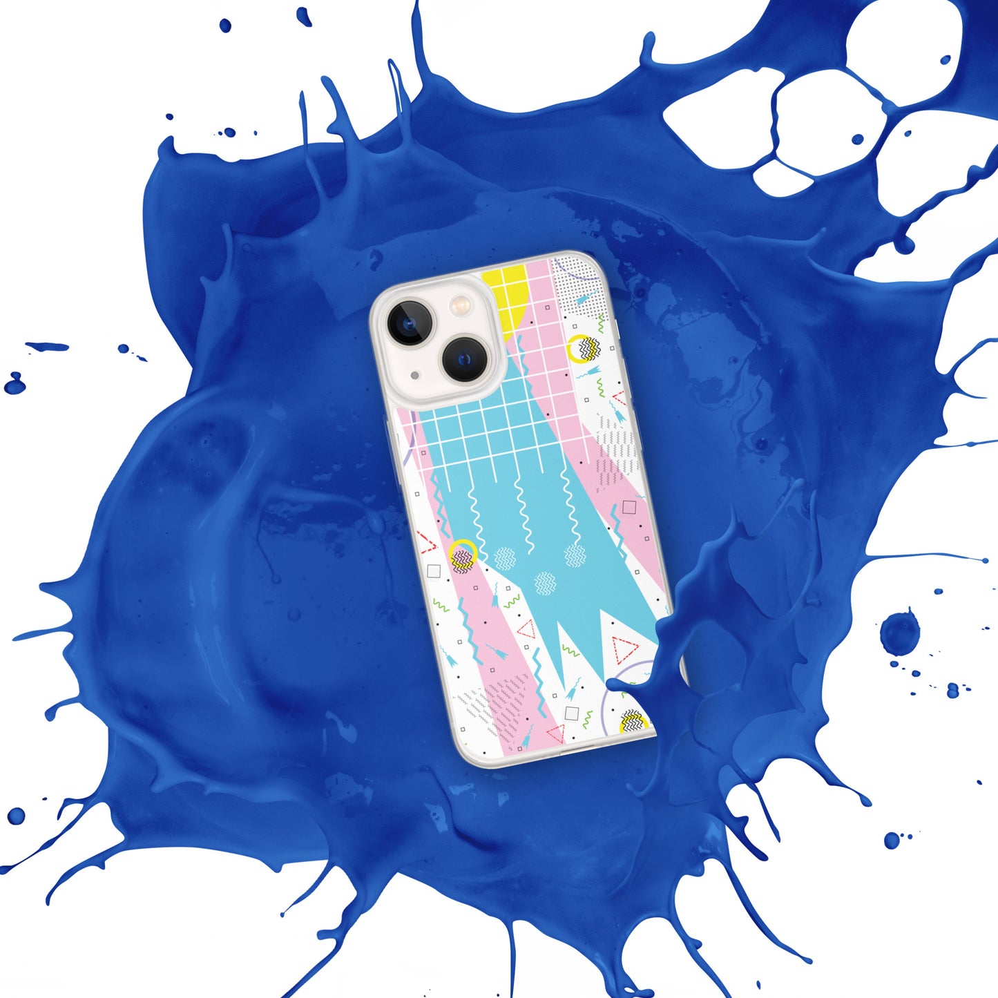 Clear Case for iPhone® - 1980 Retro Abstract Graphic Art - Gridded Pink Blue -