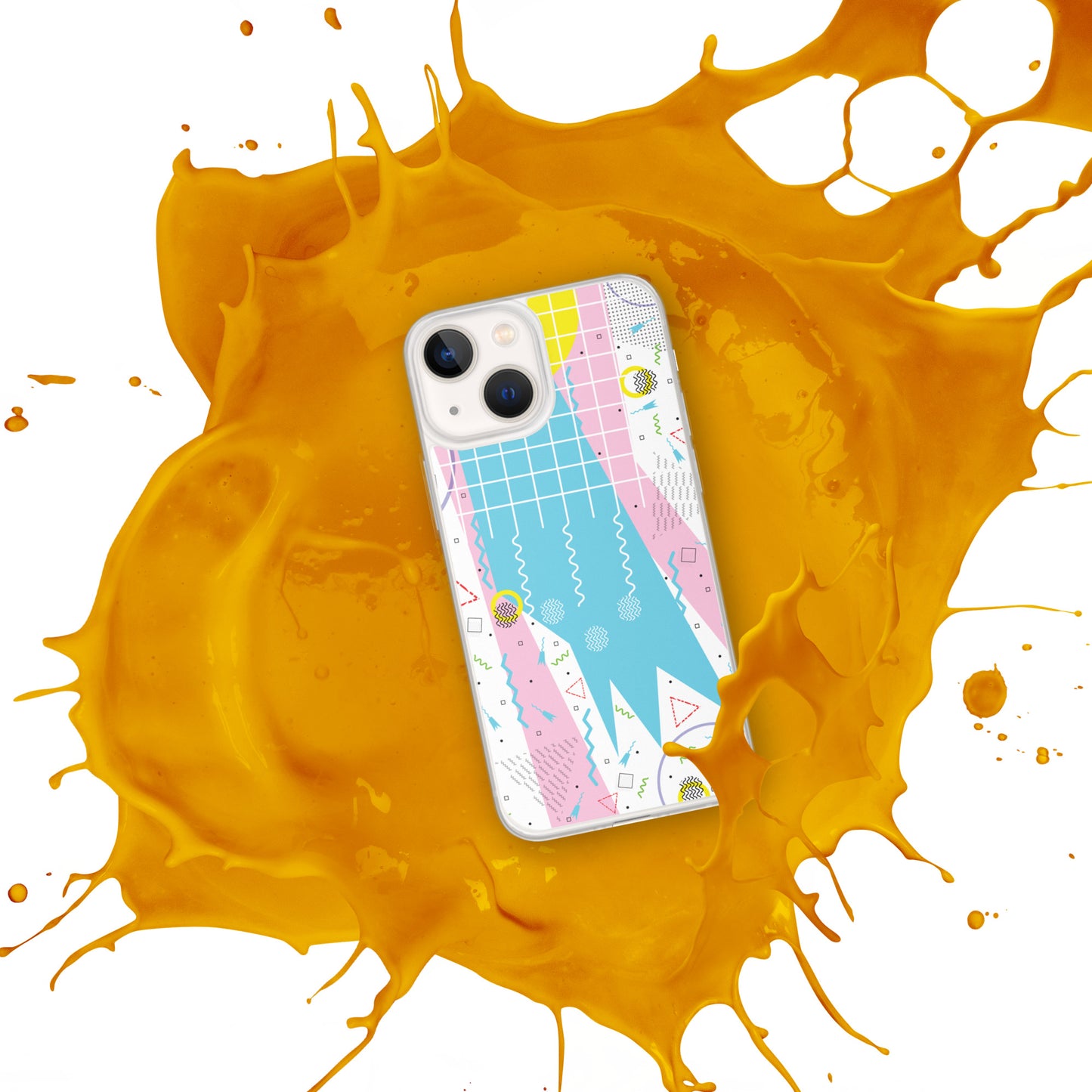 Clear Case for iPhone® - 1980 Retro Abstract Graphic Art - Gridded Pink Blue -
