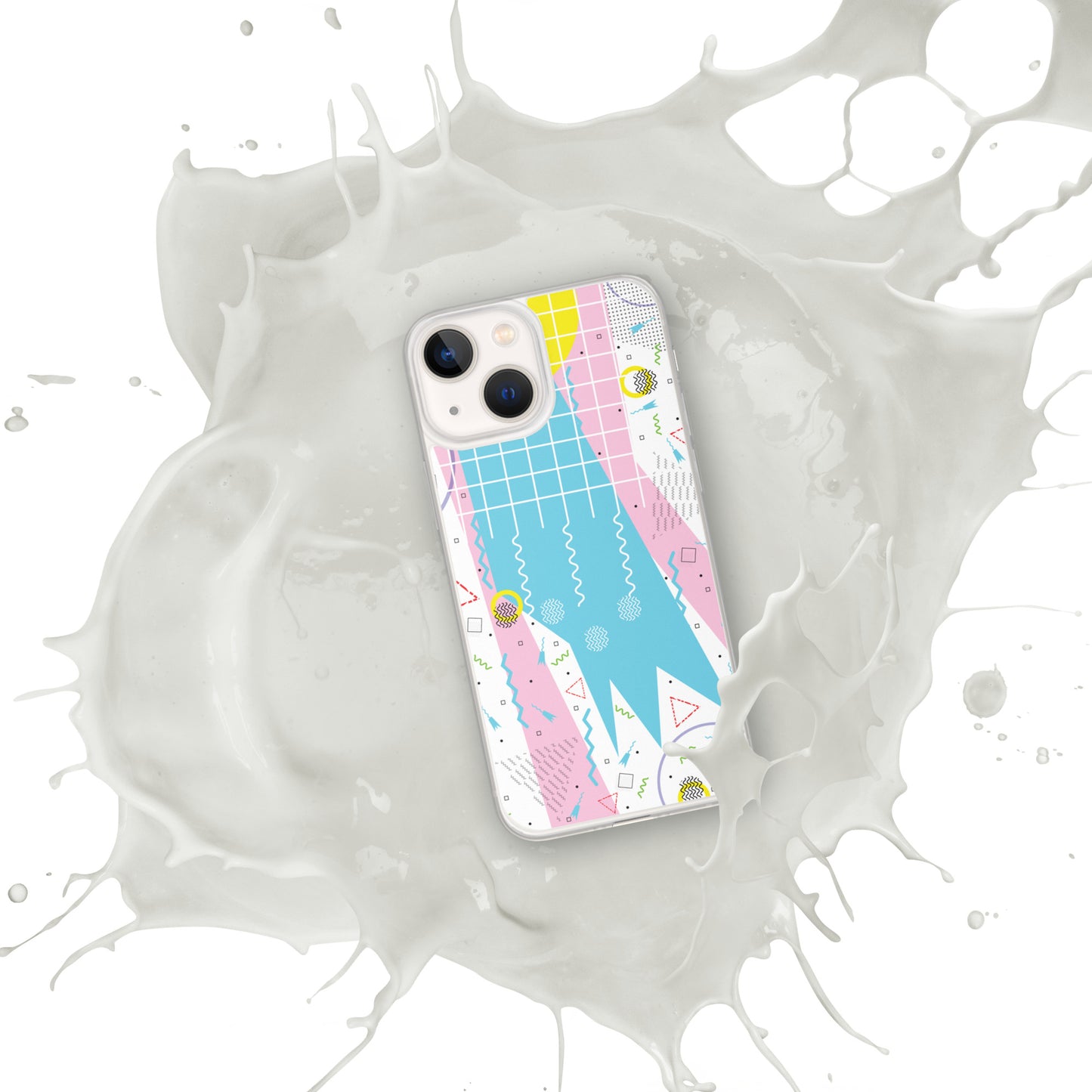 Clear Case for iPhone® - 1980 Retro Abstract Graphic Art - Gridded Pink Blue -