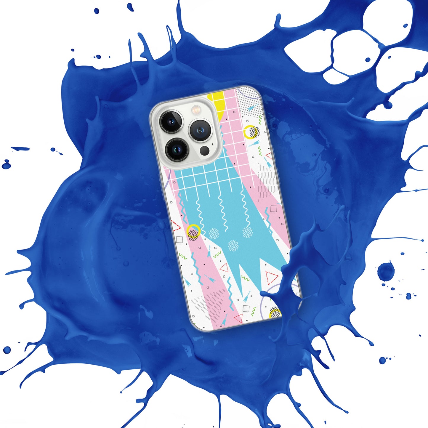 Clear Case for iPhone® - 1980 Retro Abstract Graphic Art - Gridded Pink Blue -