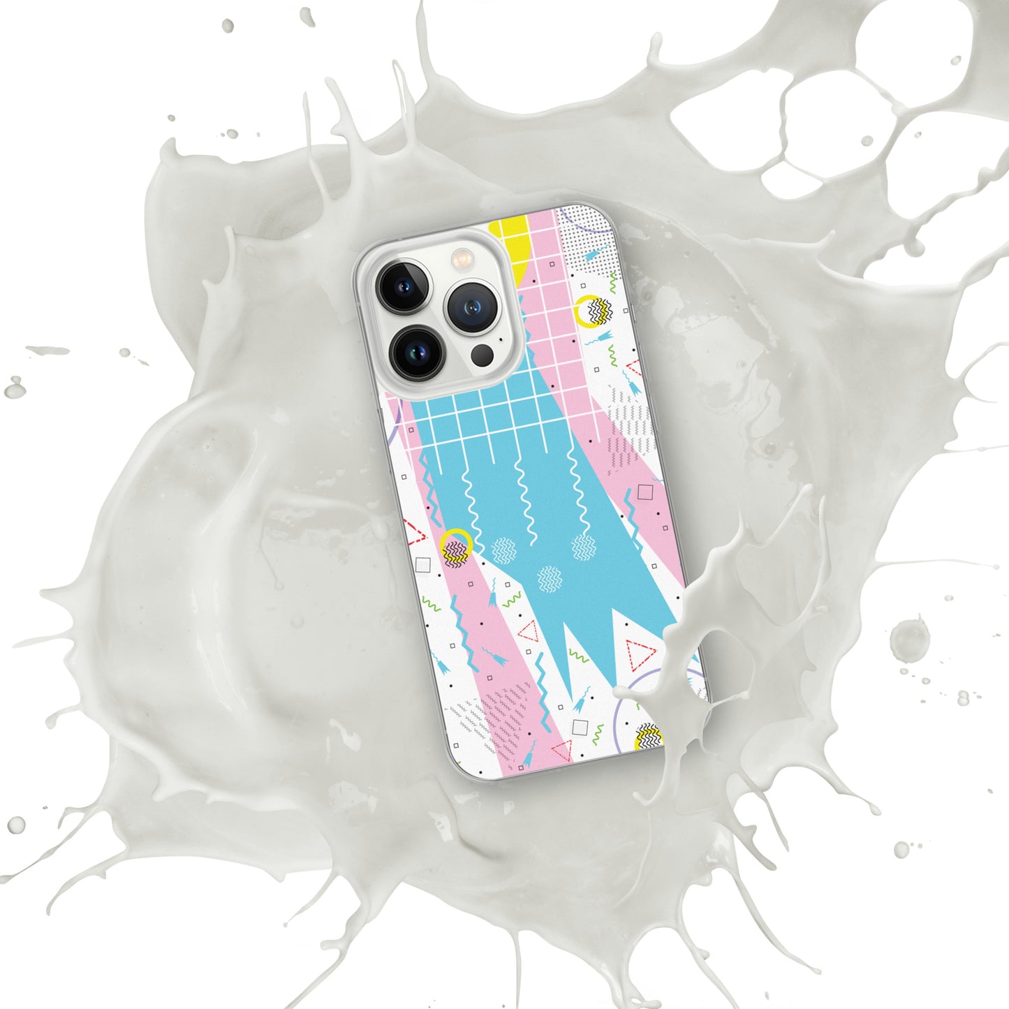 Clear Case for iPhone® - 1980 Retro Abstract Graphic Art - Gridded Pink Blue -