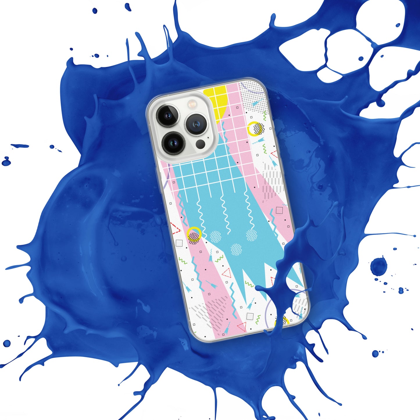 Clear Case for iPhone® - 1980 Retro Abstract Graphic Art - Gridded Pink Blue -