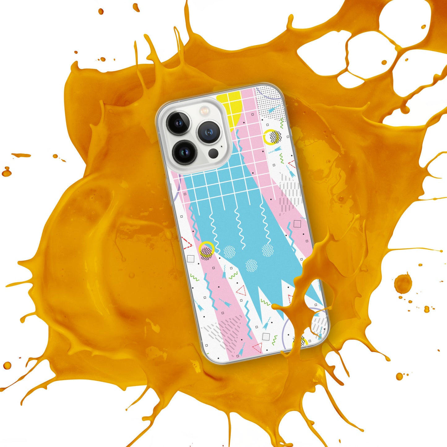 Clear Case for iPhone® - 1980 Retro Abstract Graphic Art - Gridded Pink Blue -