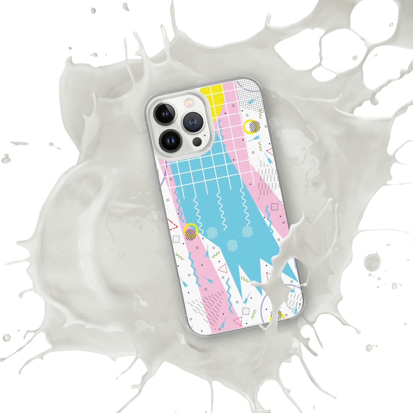 Clear Case for iPhone® - 1980 Retro Abstract Graphic Art - Gridded Pink Blue -