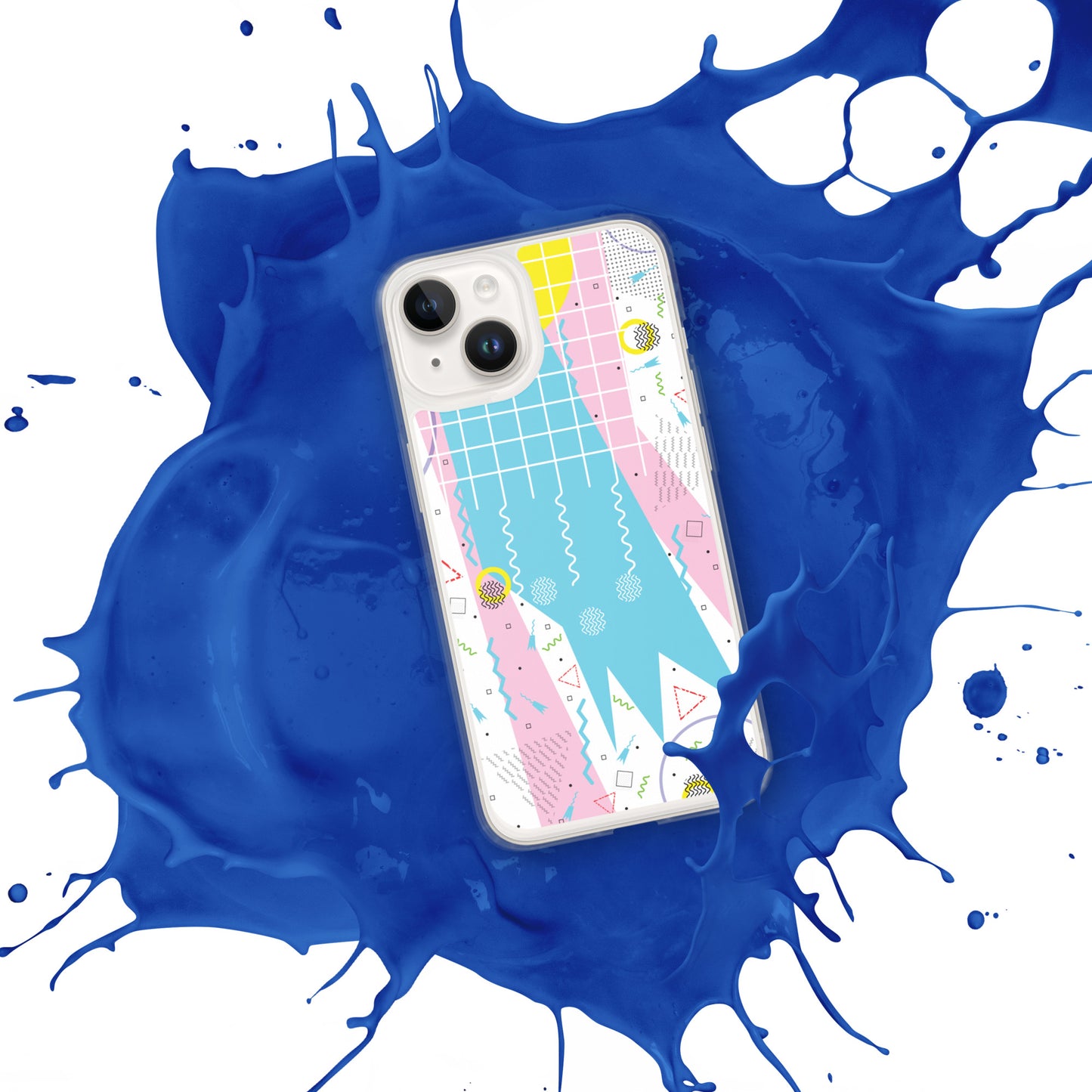 Clear Case for iPhone® - 1980 Retro Abstract Graphic Art - Gridded Pink Blue -