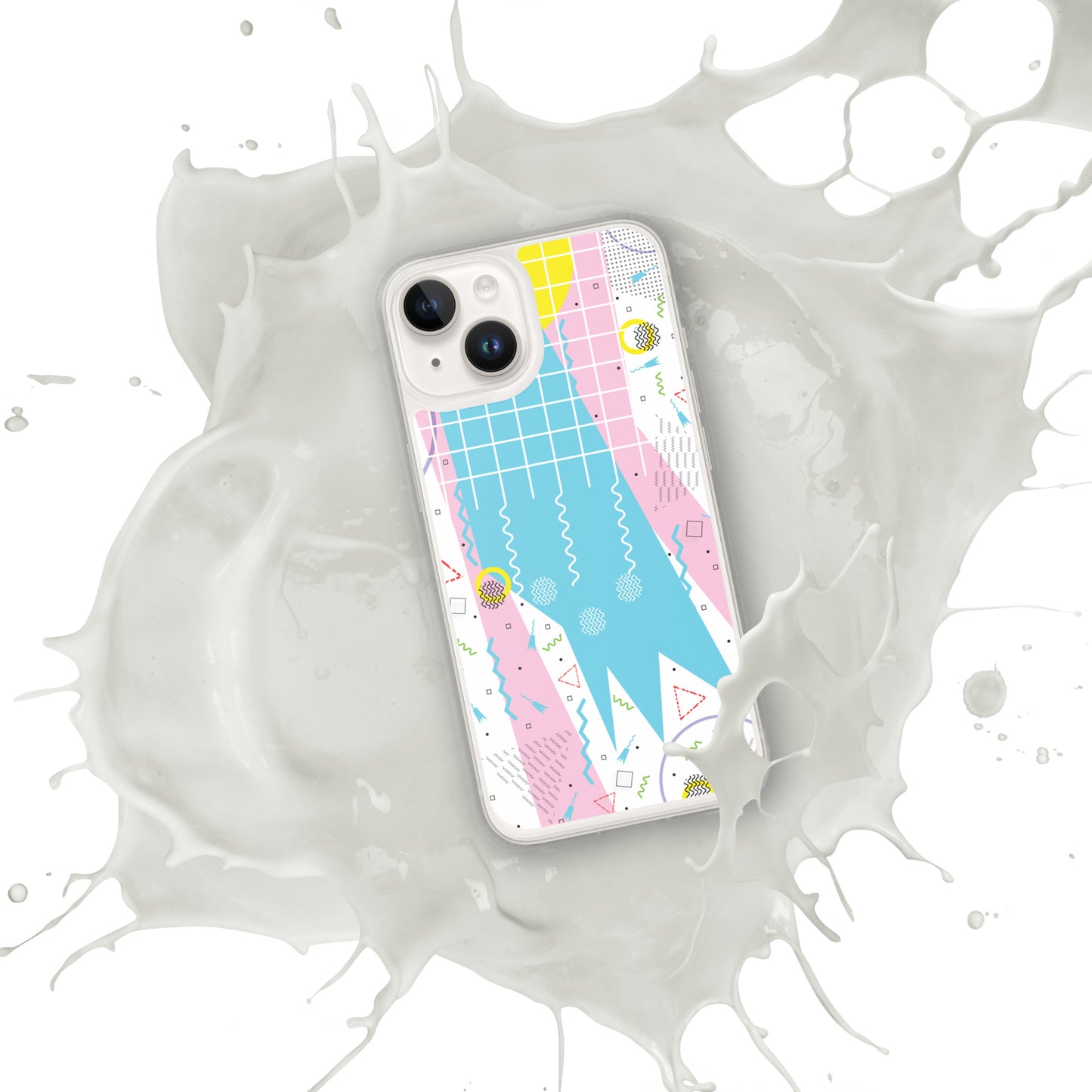 Clear Case for iPhone® - 1980 Retro Abstract Graphic Art - Gridded Pink Blue -