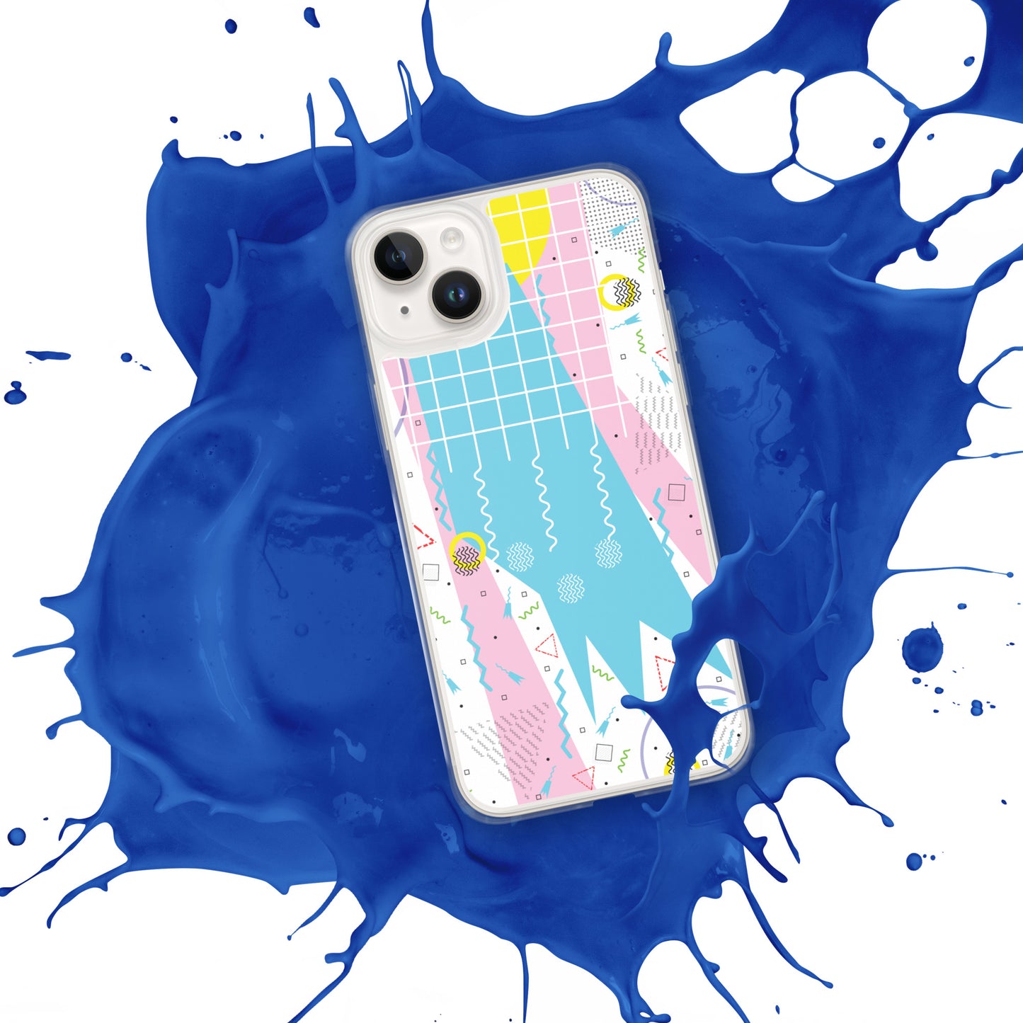 Clear Case for iPhone® - 1980 Retro Abstract Graphic Art - Gridded Pink Blue -