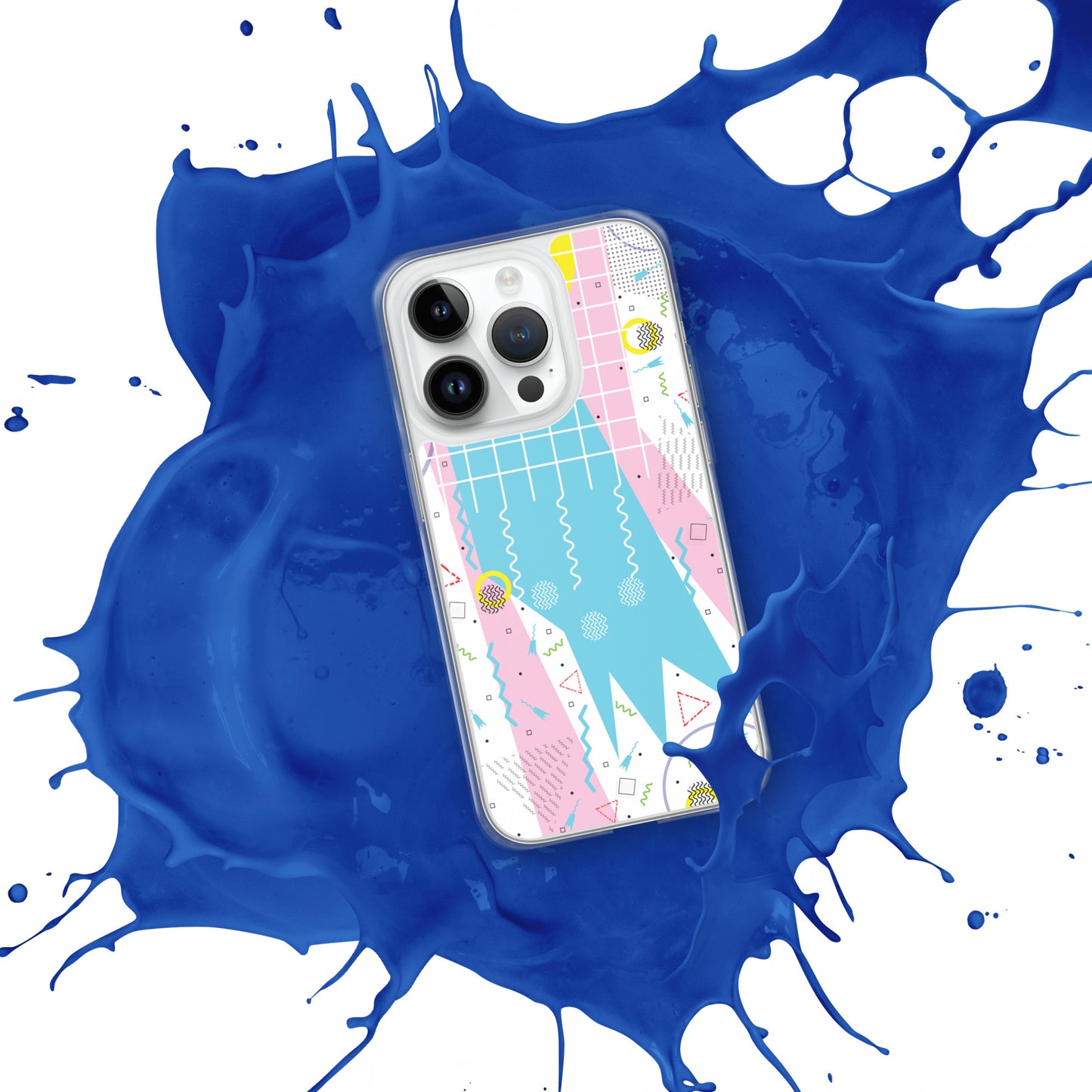 Clear Case for iPhone® - 1980 Retro Abstract Graphic Art - Gridded Pink Blue -