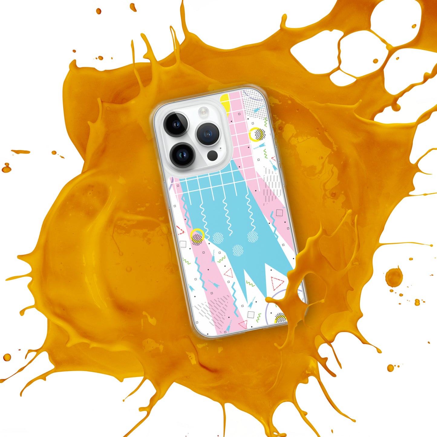 Clear Case for iPhone® - 1980 Retro Abstract Graphic Art - Gridded Pink Blue -