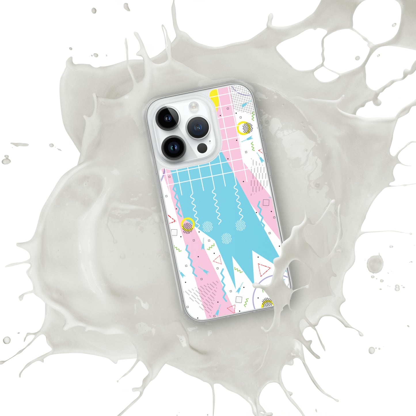 Clear Case for iPhone® - 1980 Retro Abstract Graphic Art - Gridded Pink Blue -