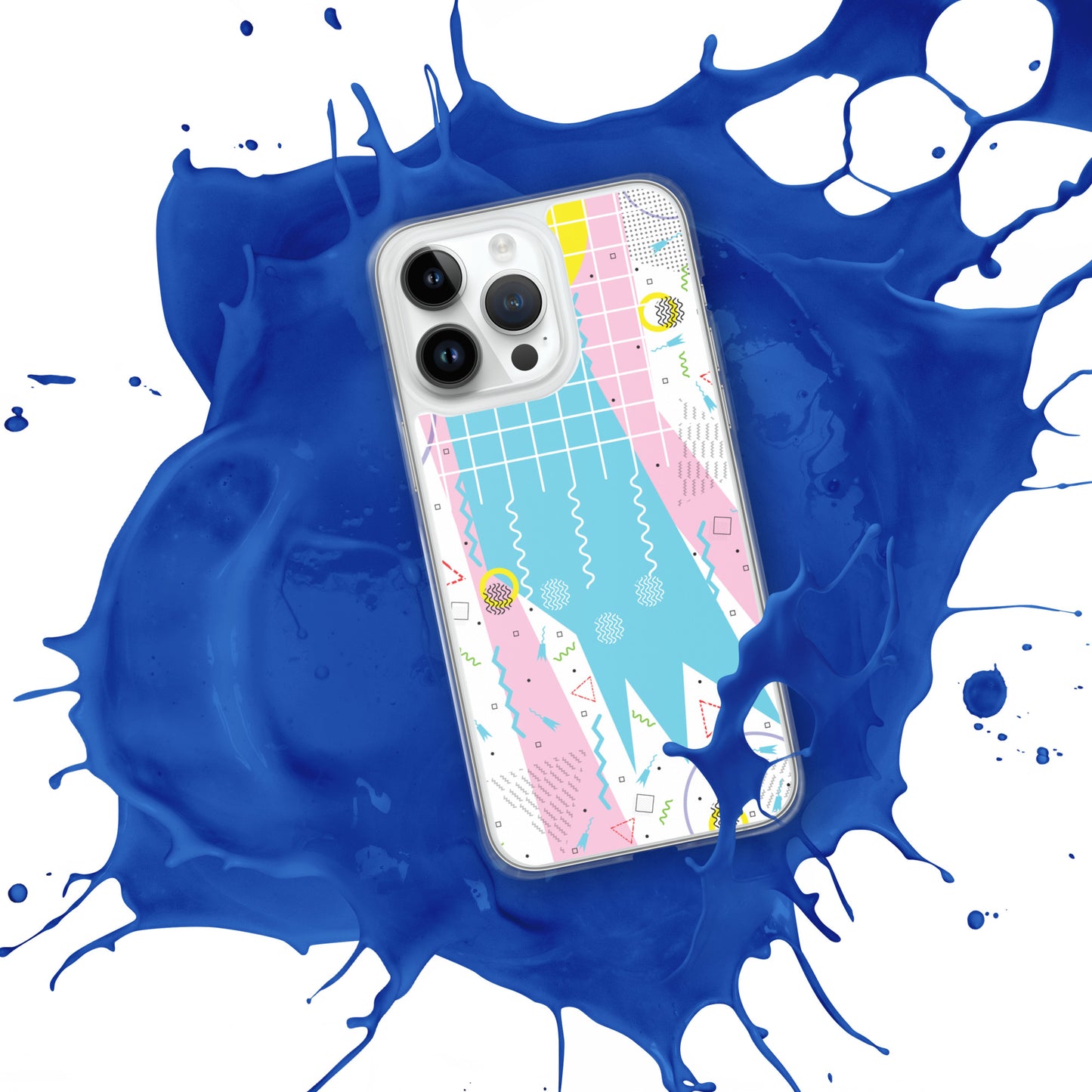 Clear Case for iPhone® - 1980 Retro Abstract Graphic Art - Gridded Pink Blue -