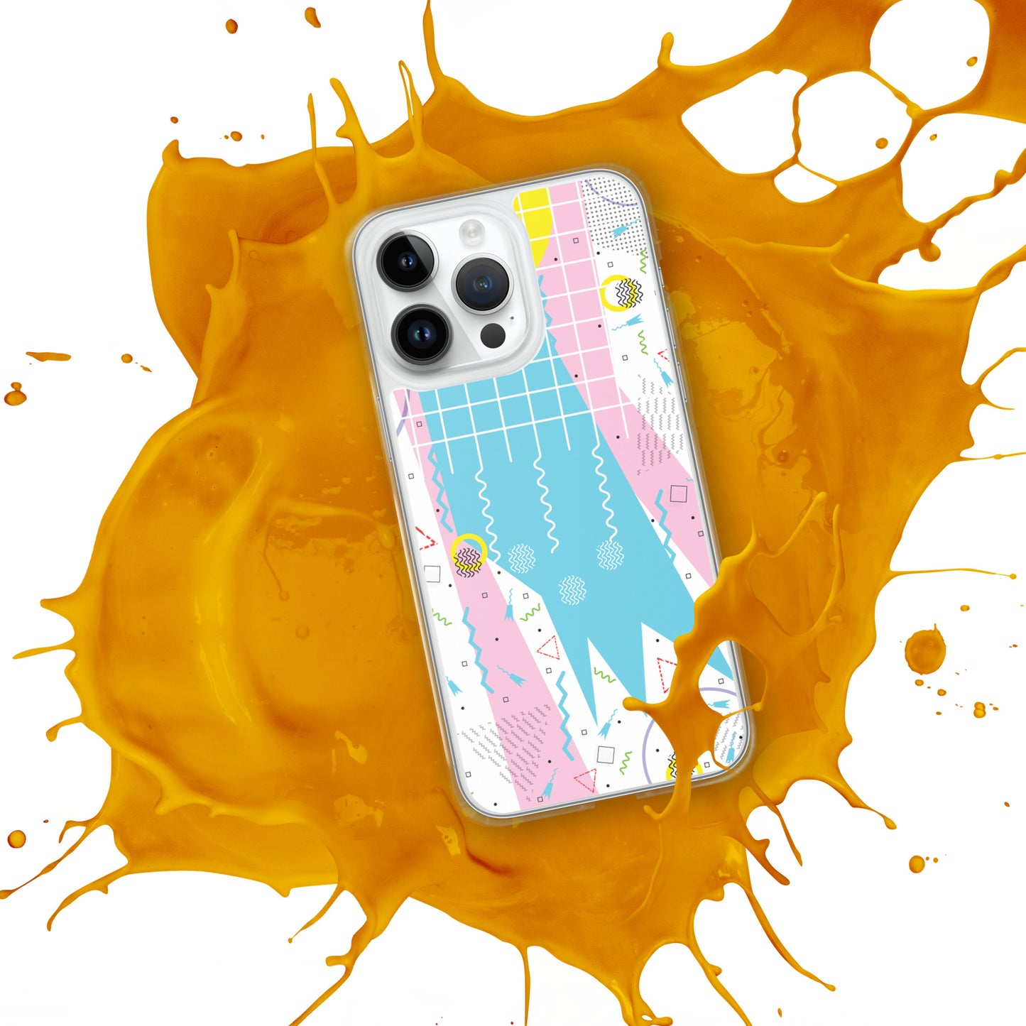 Clear Case for iPhone® - 1980 Retro Abstract Graphic Art - Gridded Pink Blue -