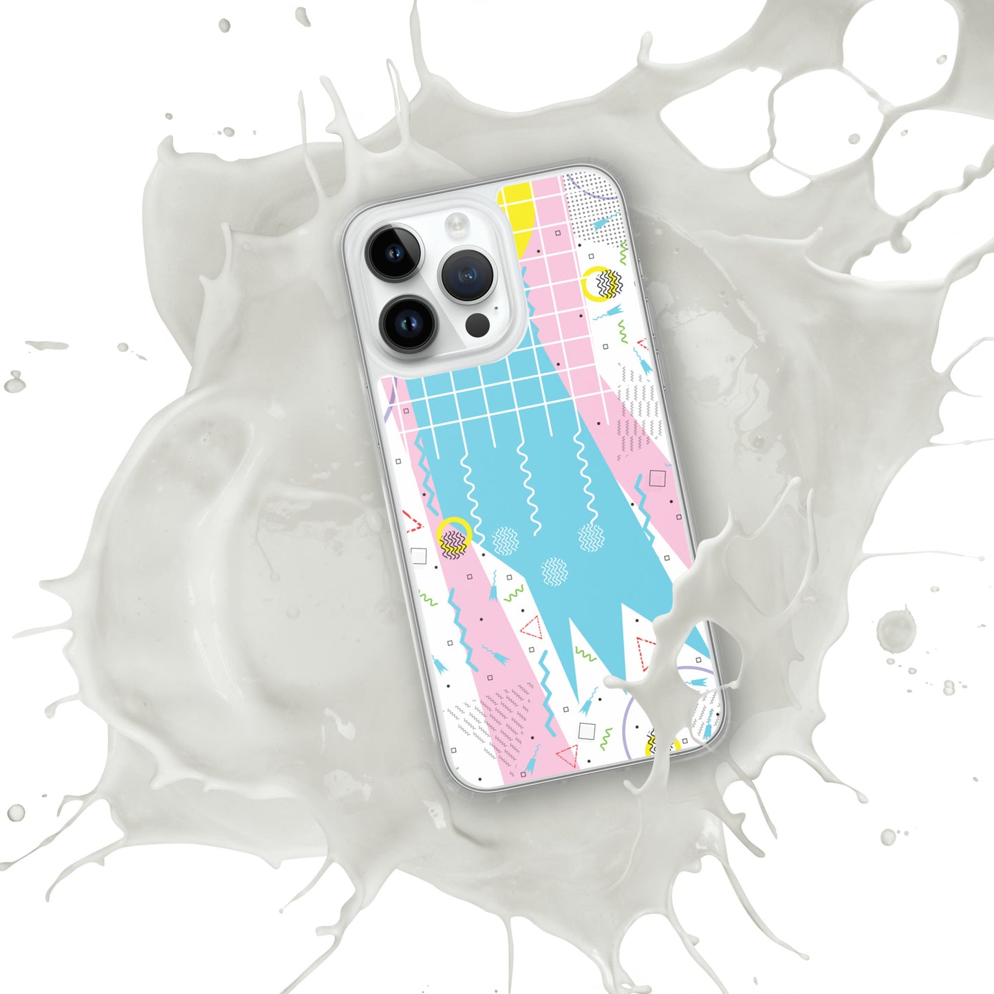 Clear Case for iPhone® - 1980 Retro Abstract Graphic Art - Gridded Pink Blue -