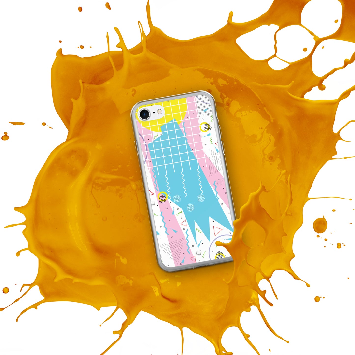 Clear Case for iPhone® - 1980 Retro Abstract Graphic Art - Gridded Pink Blue -