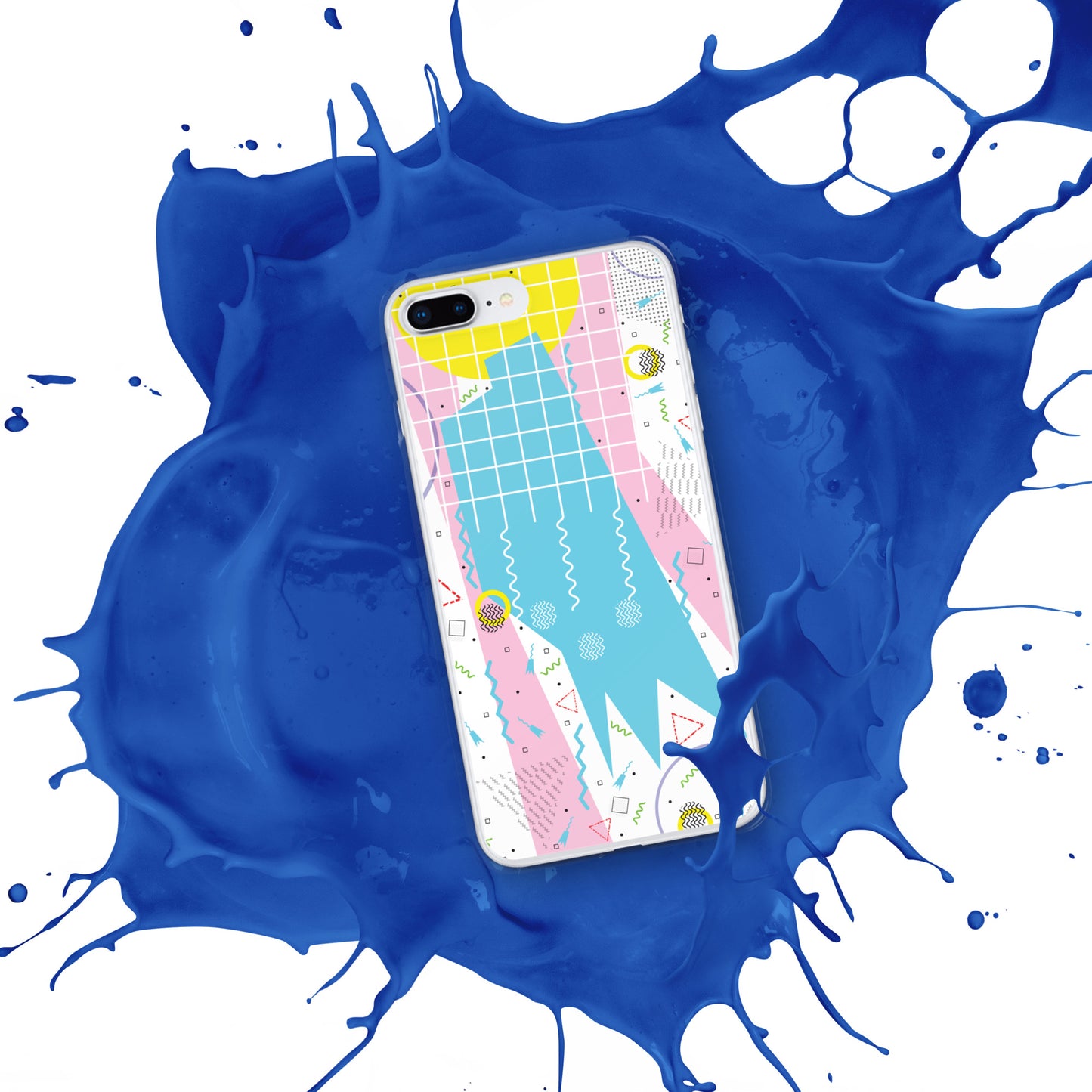 Clear Case for iPhone® - 1980 Retro Abstract Graphic Art - Gridded Pink Blue -