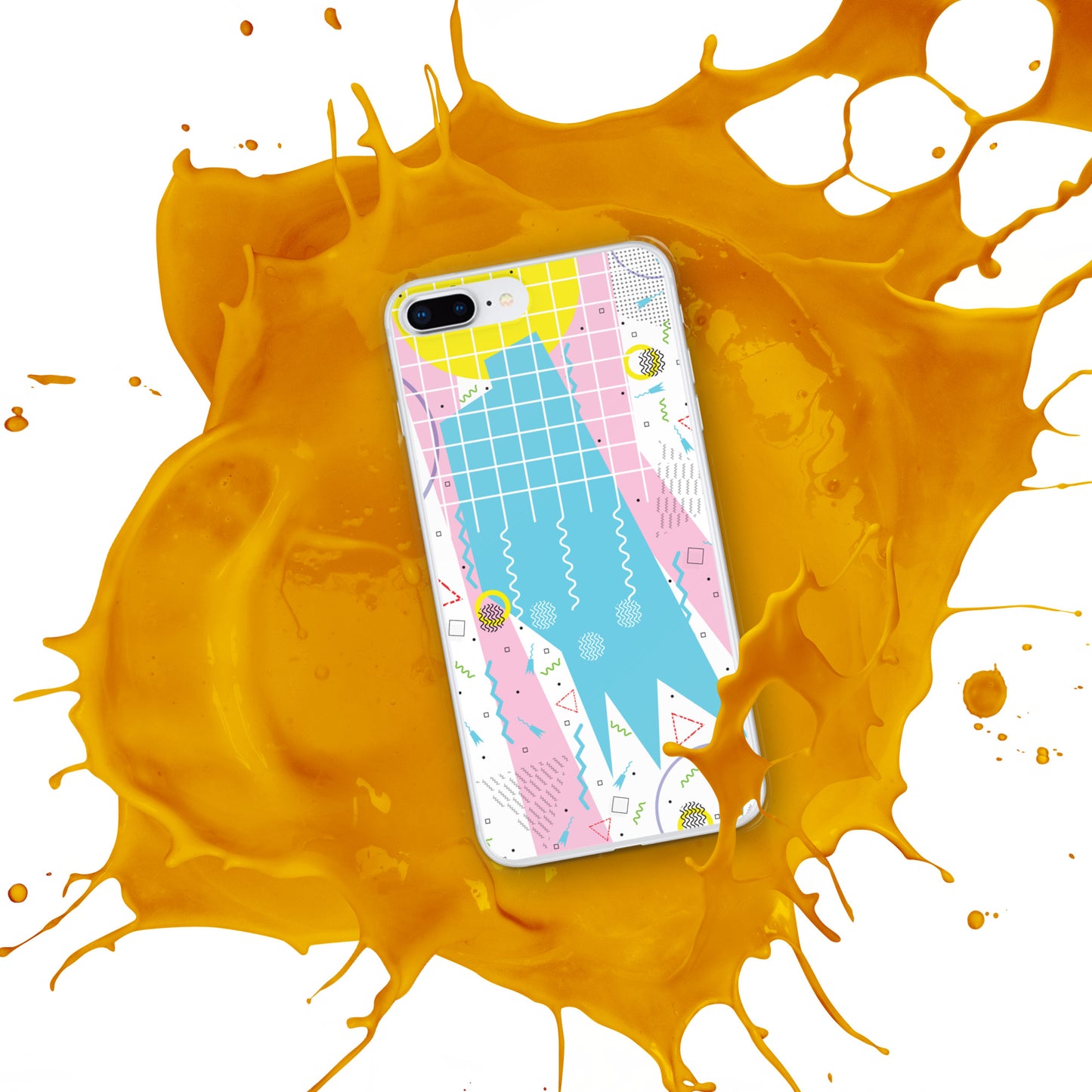 Clear Case for iPhone® - 1980 Retro Abstract Graphic Art - Gridded Pink Blue -