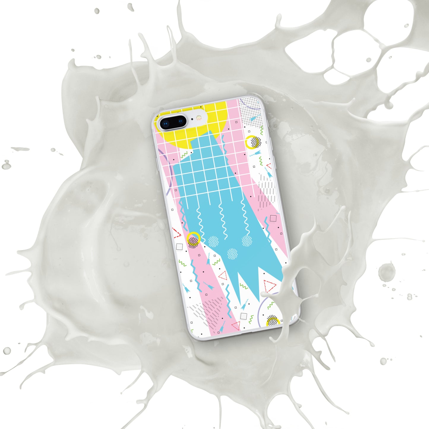 Clear Case for iPhone® - 1980 Retro Abstract Graphic Art - Gridded Pink Blue -