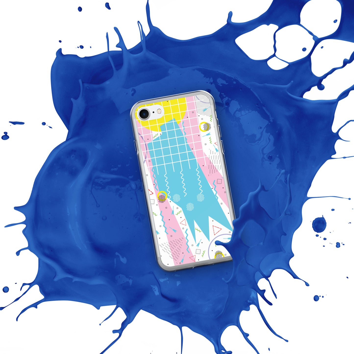 Clear Case for iPhone® - 1980 Retro Abstract Graphic Art - Gridded Pink Blue -