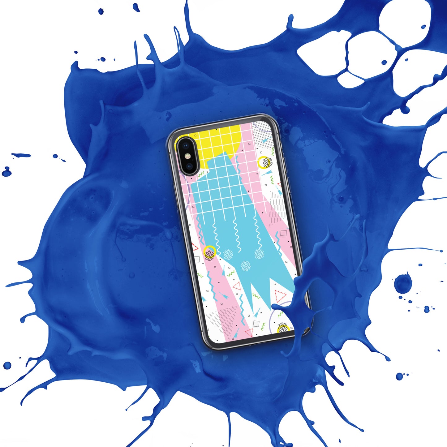 Clear Case for iPhone® - 1980 Retro Abstract Graphic Art - Gridded Pink Blue -