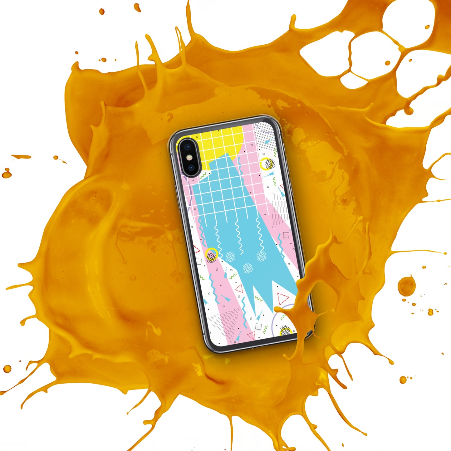 Clear Case for iPhone® - 1980 Retro Abstract Graphic Art - Gridded Pink Blue -
