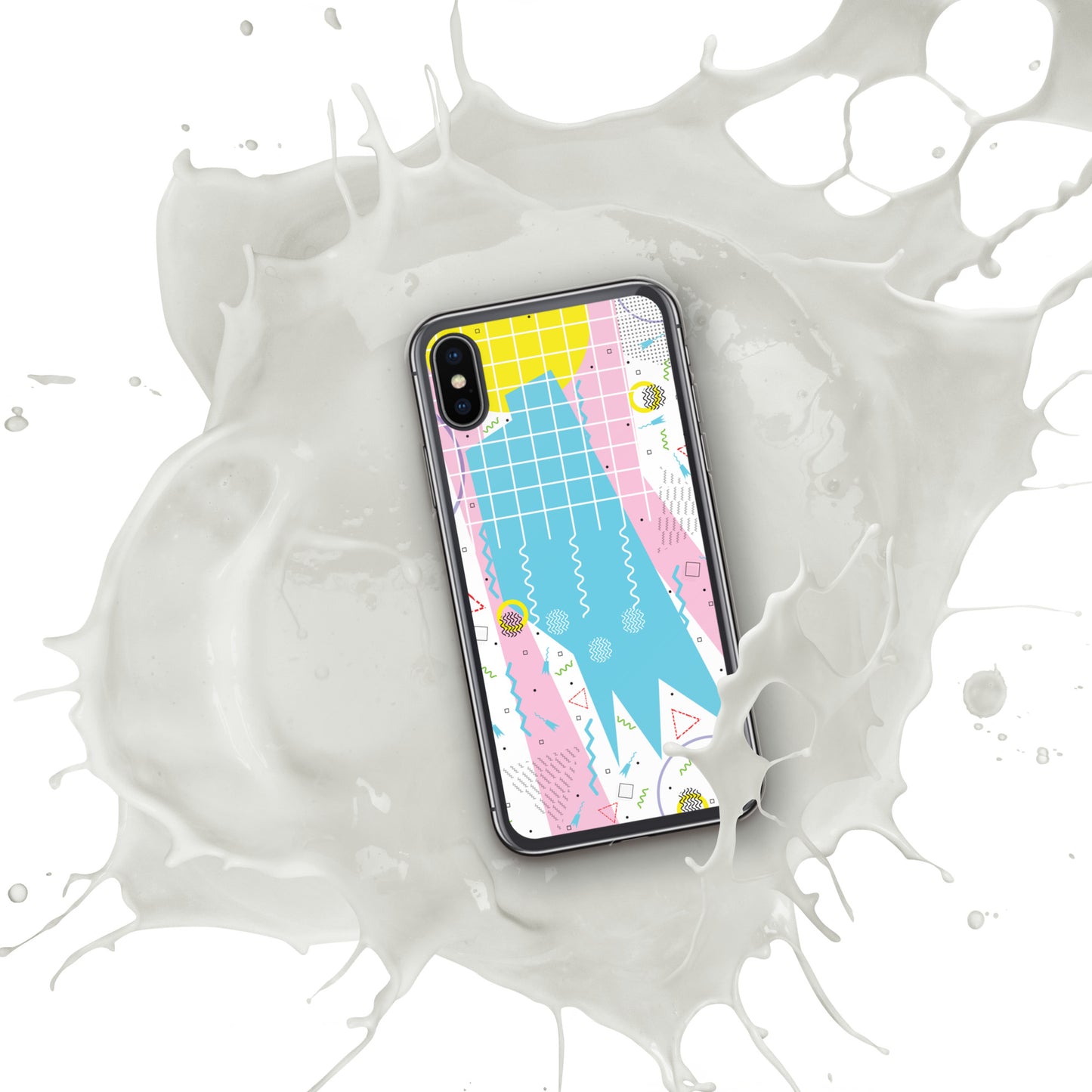 Clear Case for iPhone® - 1980 Retro Abstract Graphic Art - Gridded Pink Blue -