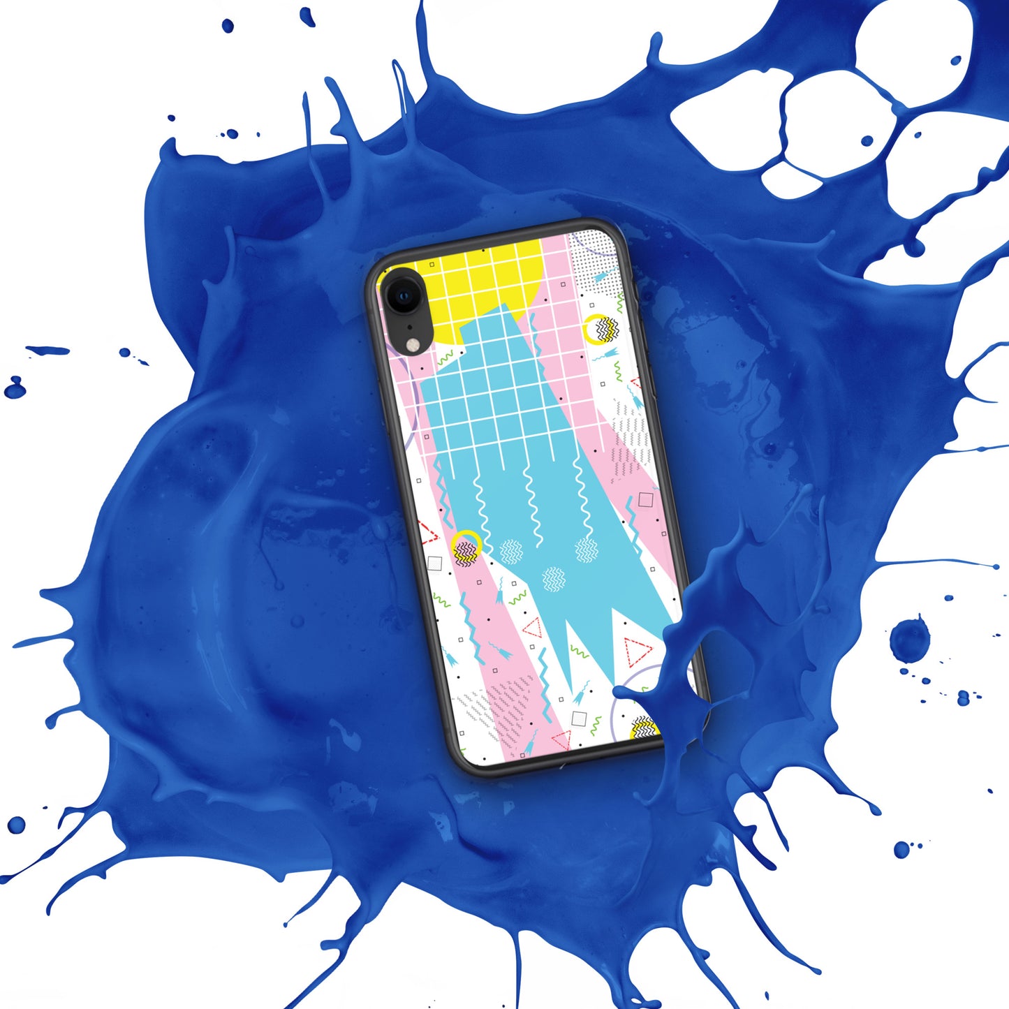 Clear Case for iPhone® - 1980 Retro Abstract Graphic Art - Gridded Pink Blue -