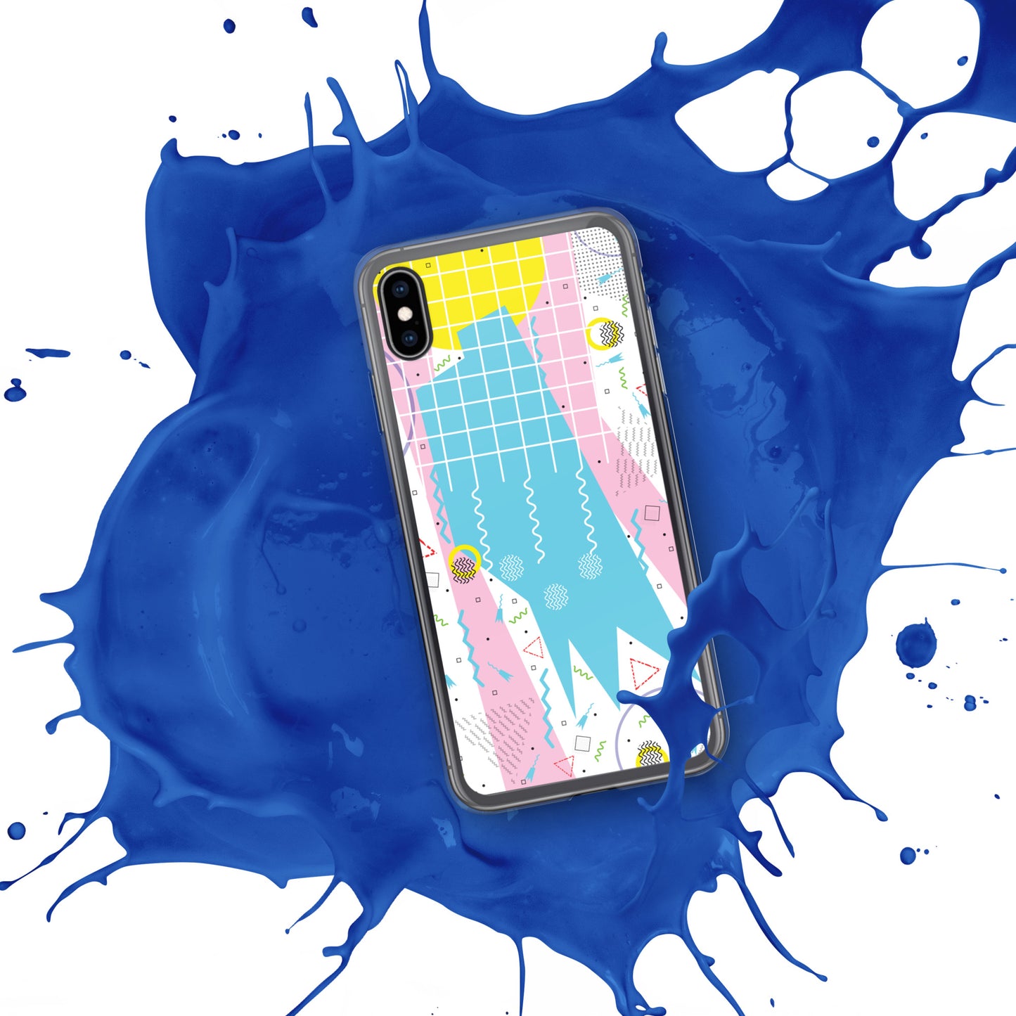 Clear Case for iPhone® - 1980 Retro Abstract Graphic Art - Gridded Pink Blue -