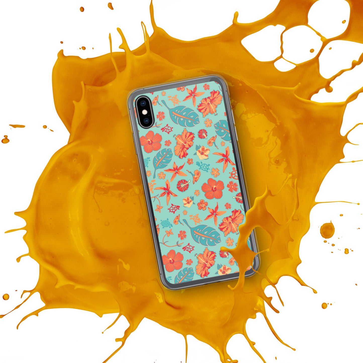 Clear Case for iPhone® - Tropical Floral Pattern - Flowers and Turtles -