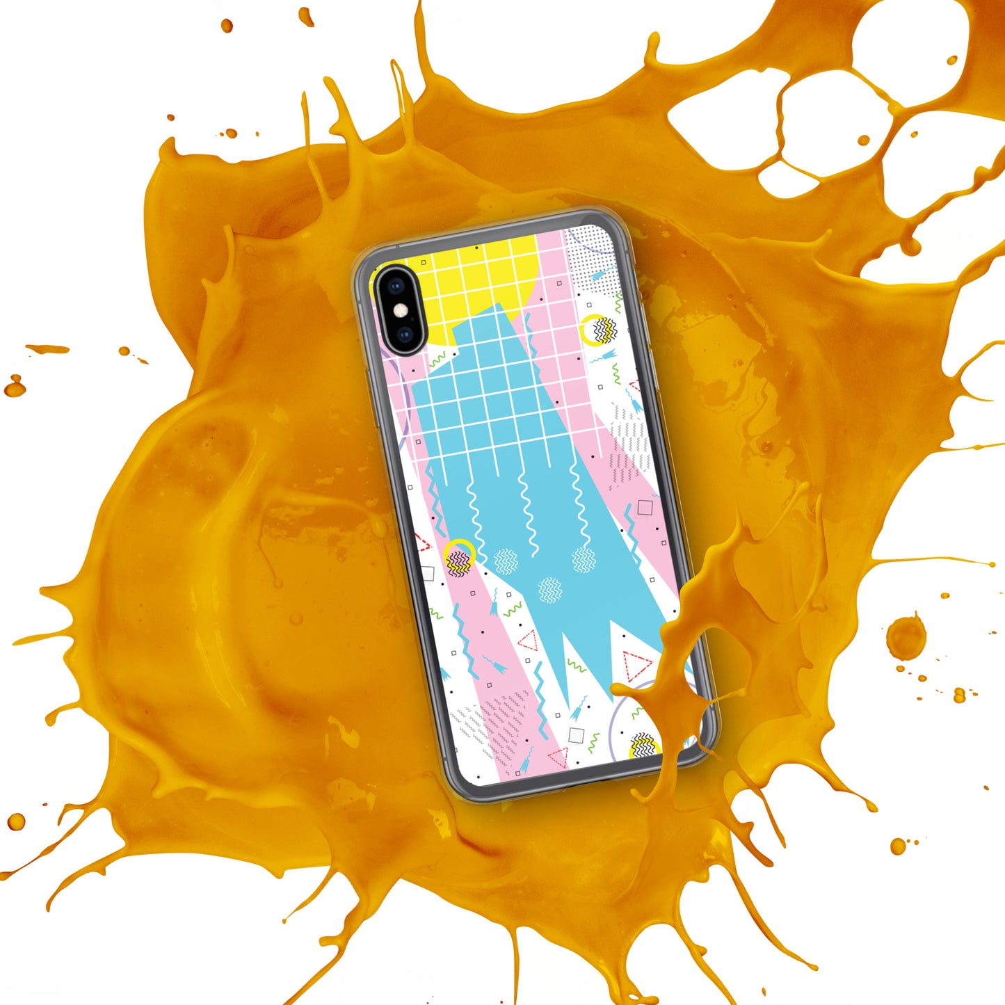 Clear Case for iPhone® - 1980 Retro Abstract Graphic Art - Gridded Pink Blue -