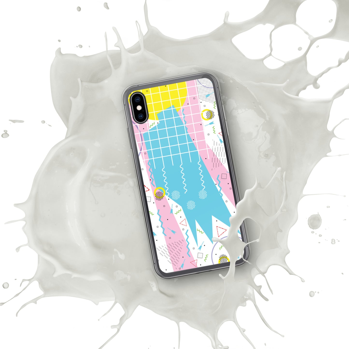 Clear Case for iPhone® - 1980 Retro Abstract Graphic Art - Gridded Pink Blue -