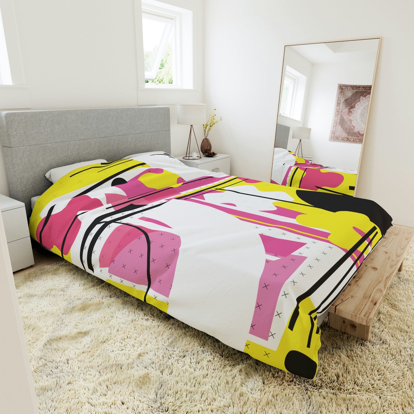 1980s Retro Graphic Art Abstract - Pink Yellow Black - Duvet Cover