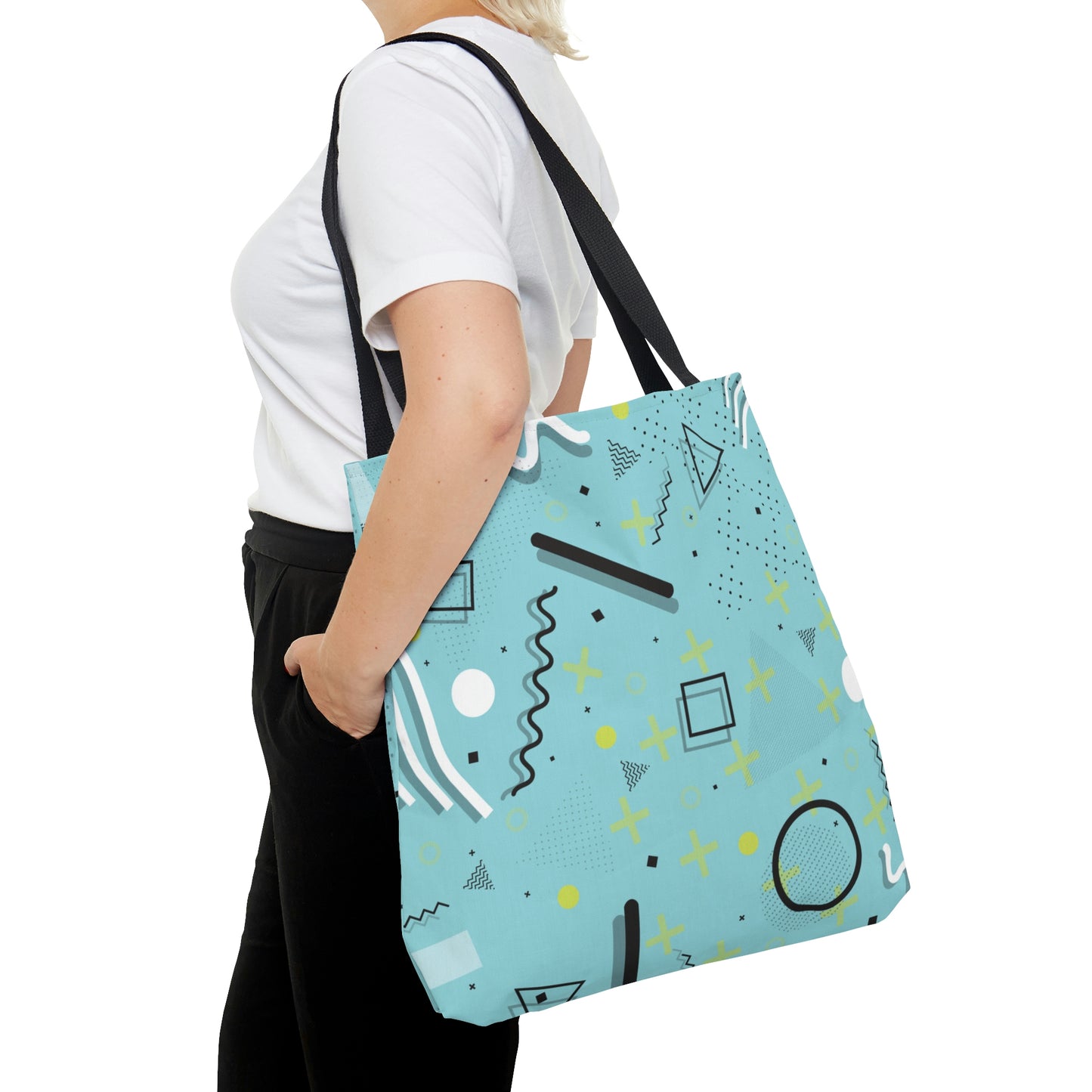 Tote Bag (AOP) 1980 Retro Abstract Graphic Art - Blue Yellow Plus