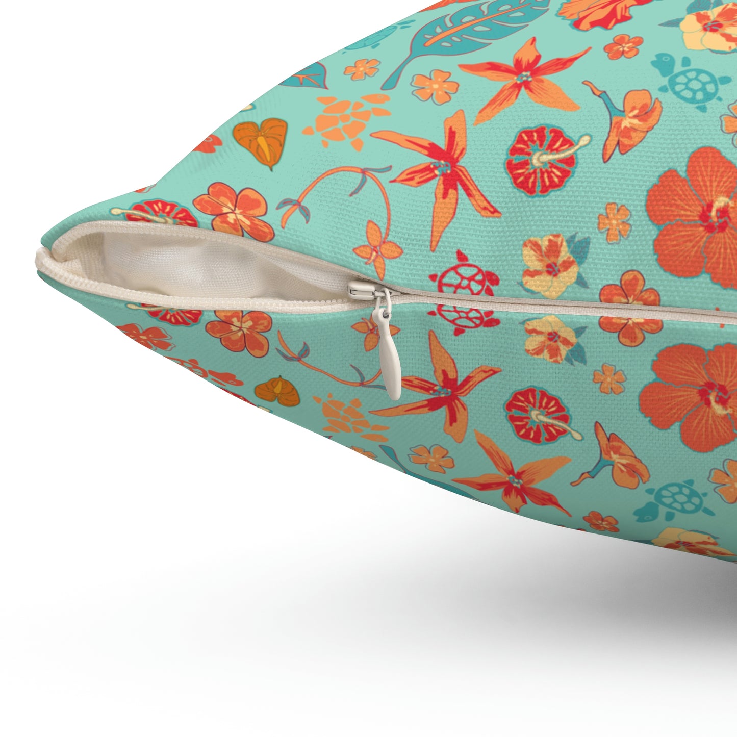 Spun Polyester Square Pillow - Tropical Floral Print - Flowers and Turtles -