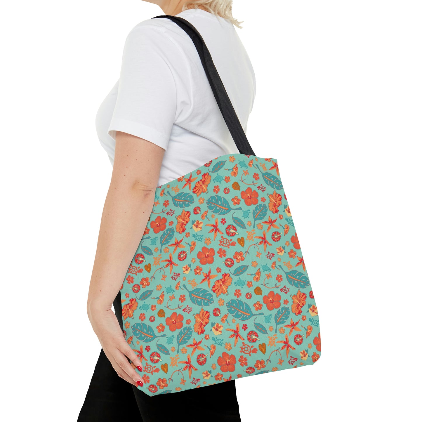 Teal and Orange Flowers Starfish and Leaves Tote Bag
