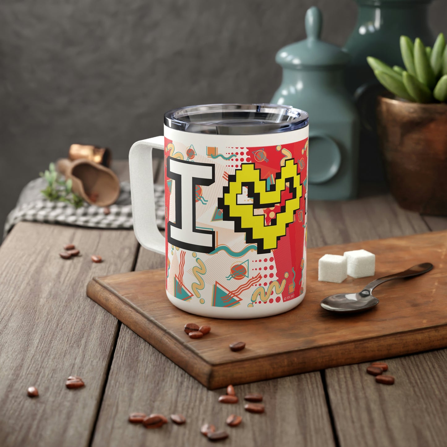 I Heart the 1980s Abstract Graphic Art Red Sushi Insulated Coffee Mug, 10oz